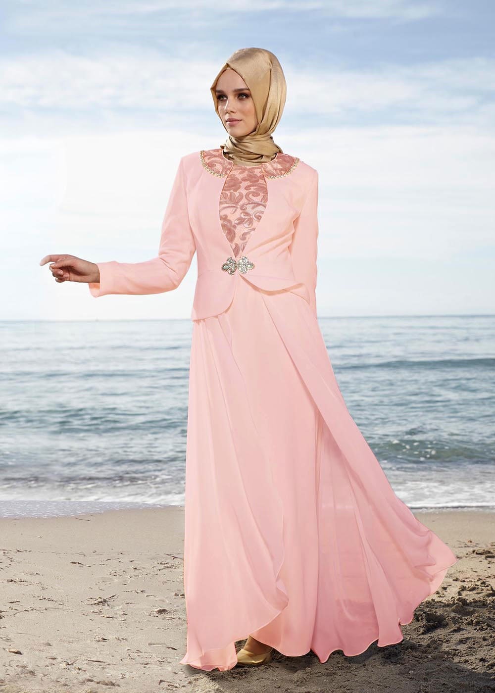 Tesettür giyim PUDRA İŞLEMELİ TAŞ DETAYLI ABİYE ELBİSE 5097
