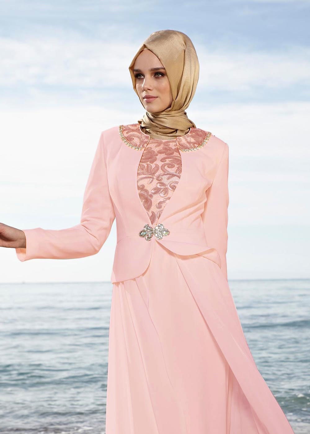 Tesettür giyim PUDRA İŞLEMELİ TAŞ DETAYLI ABİYE ELBİSE 5097