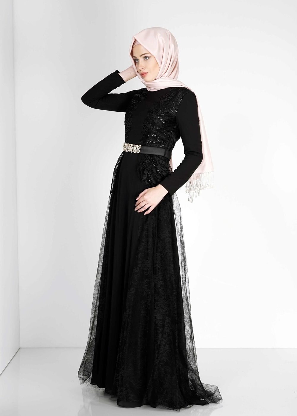Tesettür giyim SİYAH PUL PAYETLİ ŞİFON ABİYE ELBİSE 5099