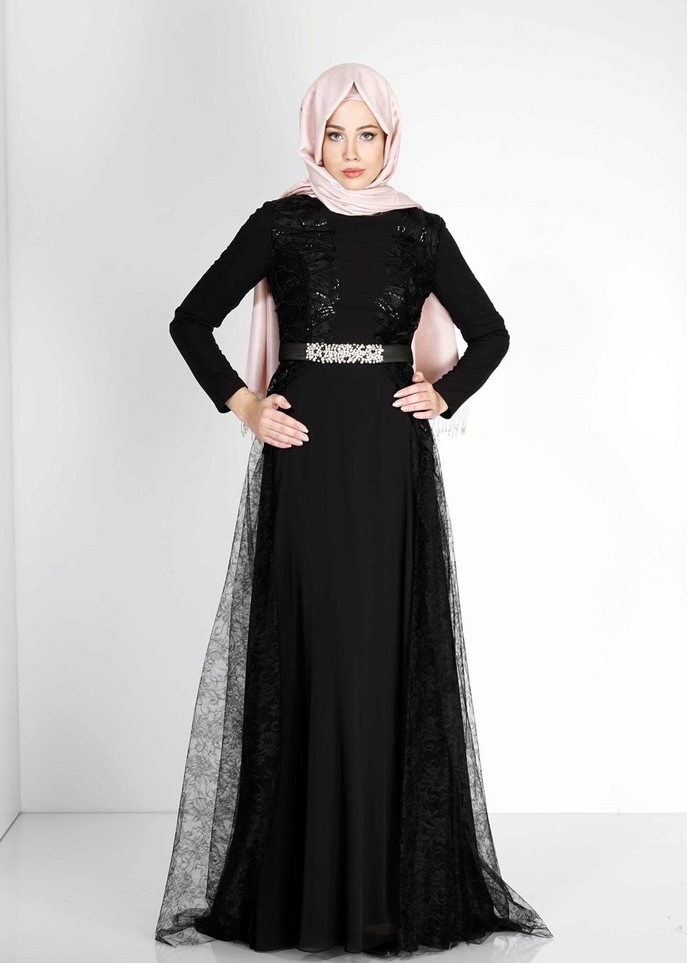 Tesettür giyim SİYAH PUL PAYETLİ ŞİFON ABİYE ELBİSE 5099
