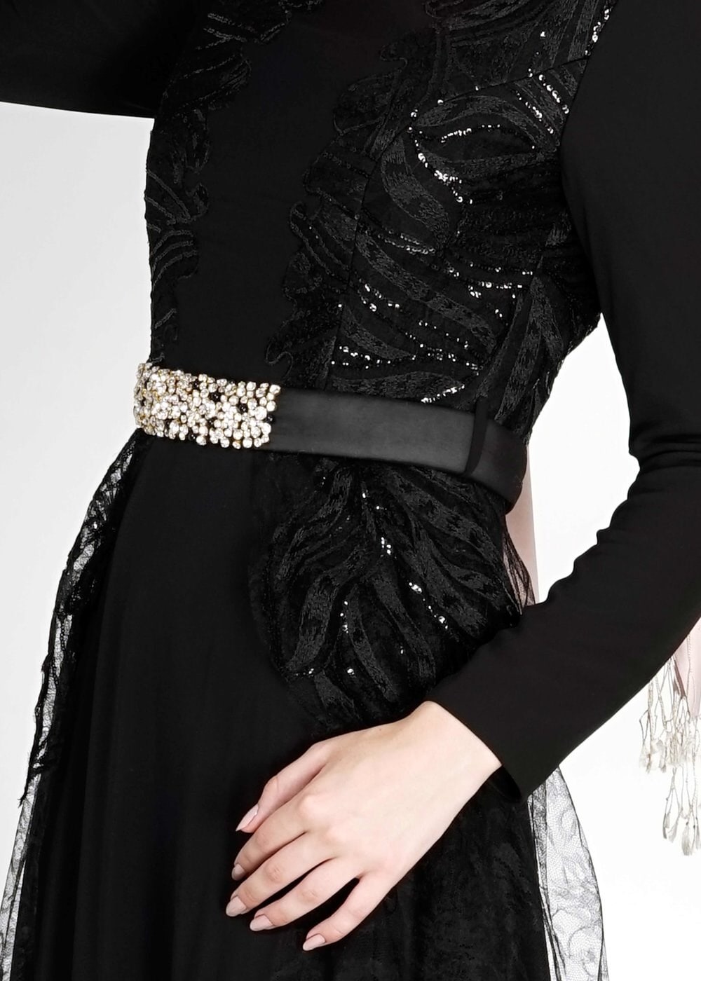 Tesettür giyim SİYAH PUL PAYETLİ ŞİFON ABİYE ELBİSE 5099