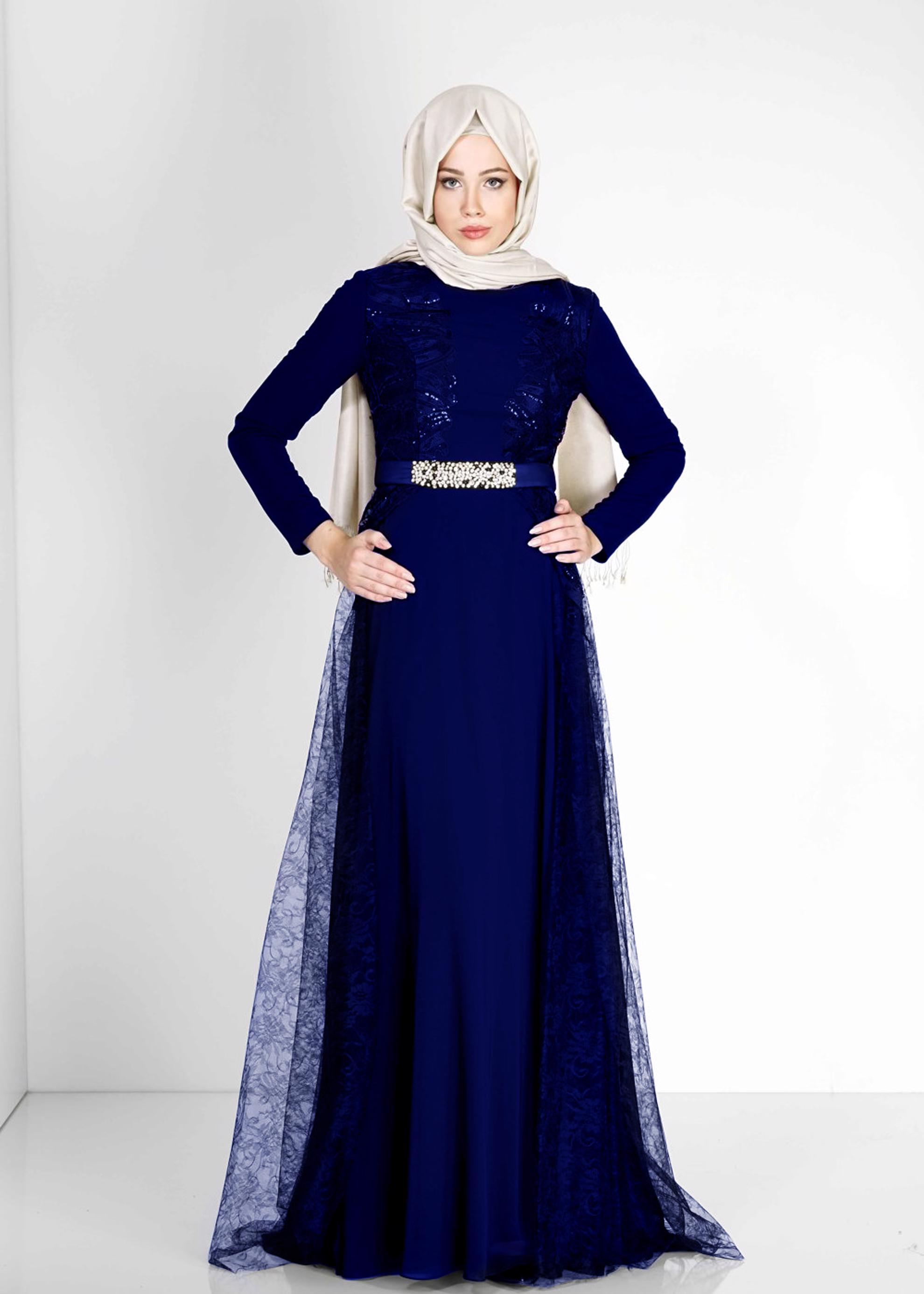 Tesettür giyim LACİVERT PUL PAYETLİ ŞİFON ABİYE ELBİSE 5099