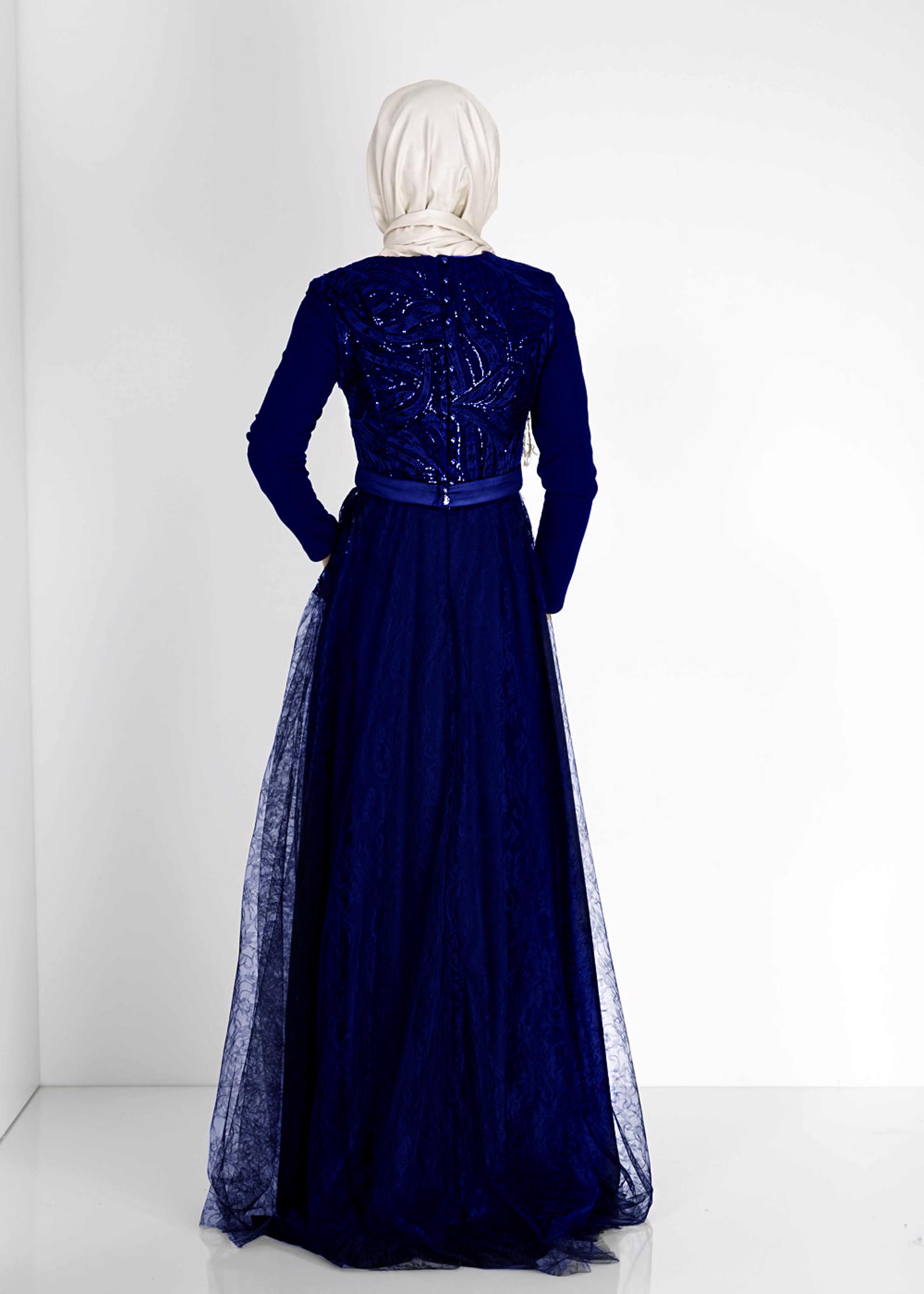 Tesettür giyim LACİVERT PUL PAYETLİ ŞİFON ABİYE ELBİSE 5099