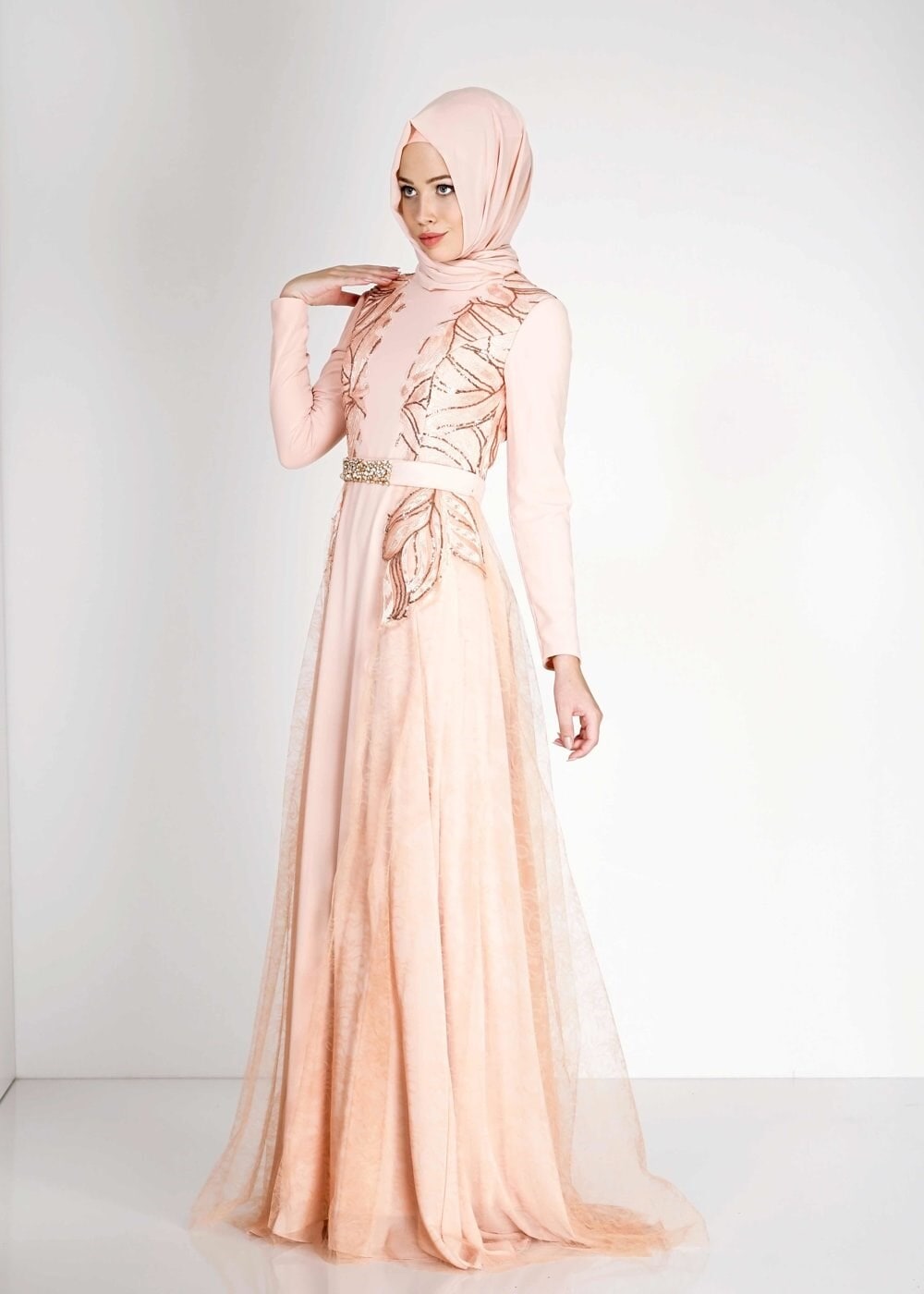 Tesettür giyim PUDRA PUL PAYETLİ ŞİFON ABİYE ELBİSE 5099