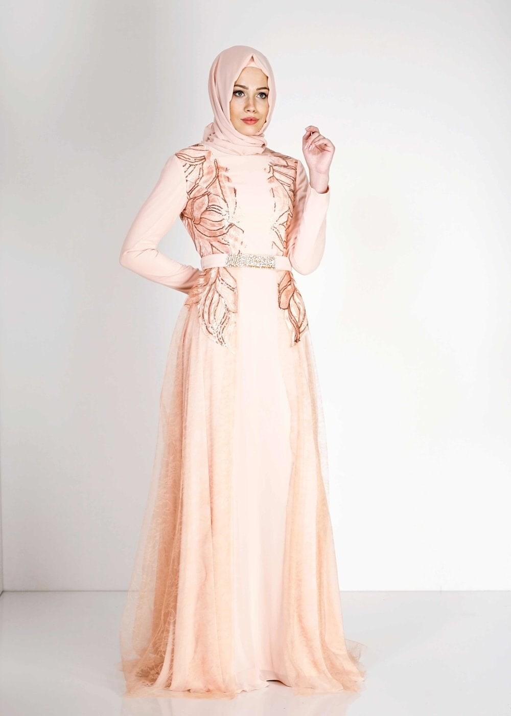 Tesettür giyim PUDRA PUL PAYETLİ ŞİFON ABİYE ELBİSE 5099