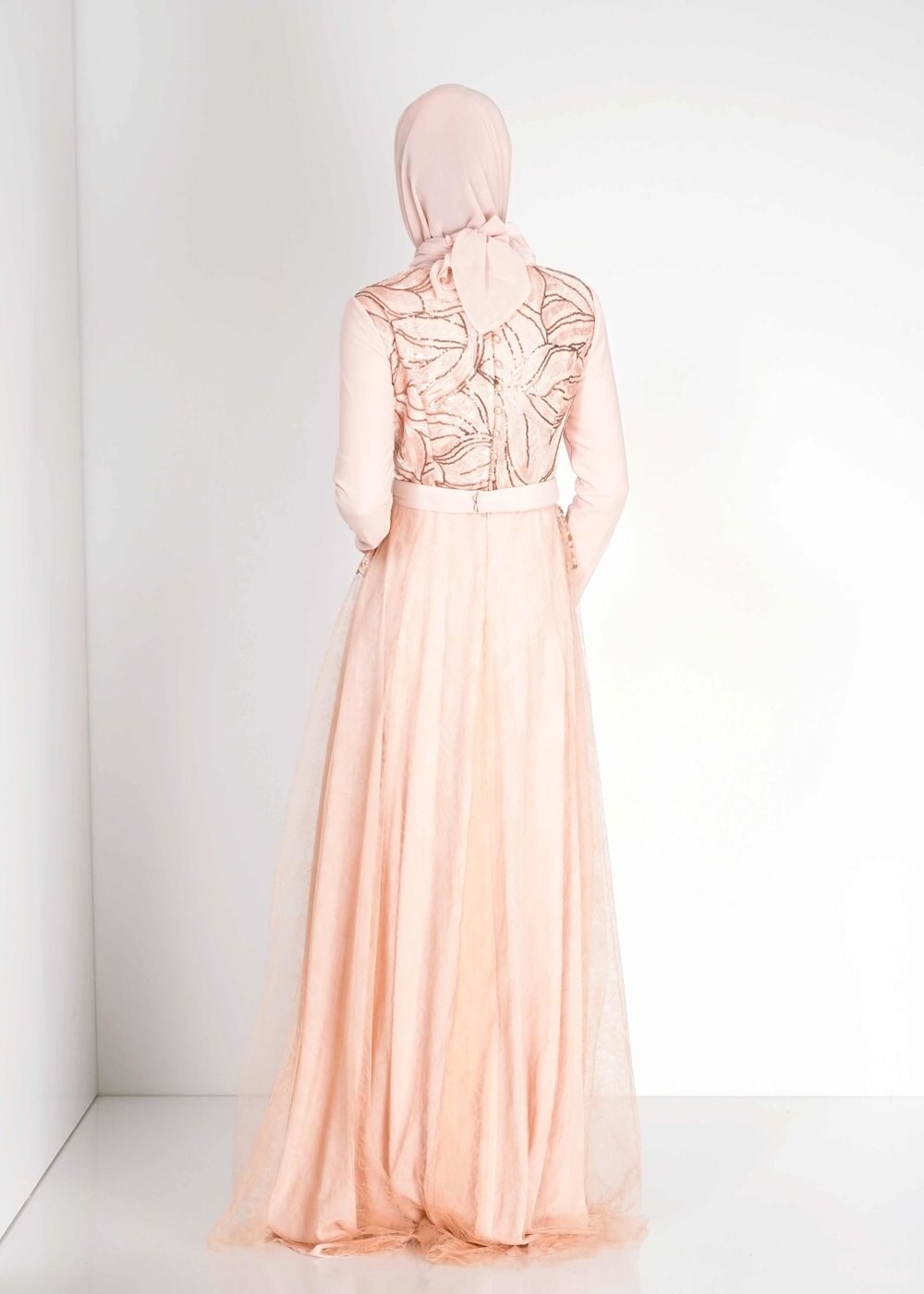 Tesettür giyim PUDRA PUL PAYETLİ ŞİFON ABİYE ELBİSE 5099