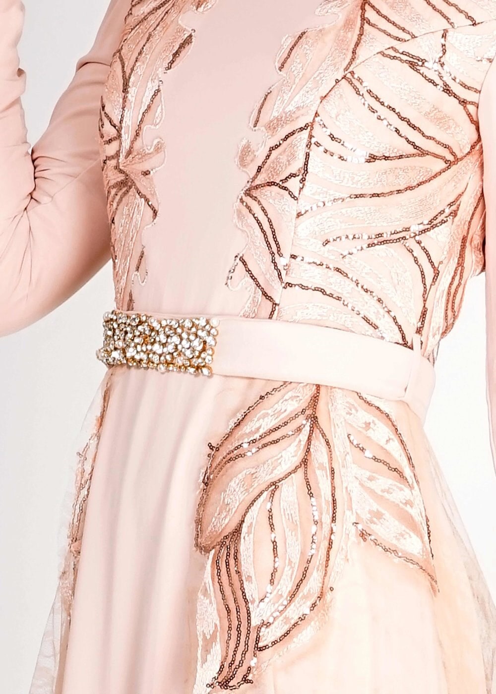 Tesettür giyim PUDRA PUL PAYETLİ ŞİFON ABİYE ELBİSE 5099