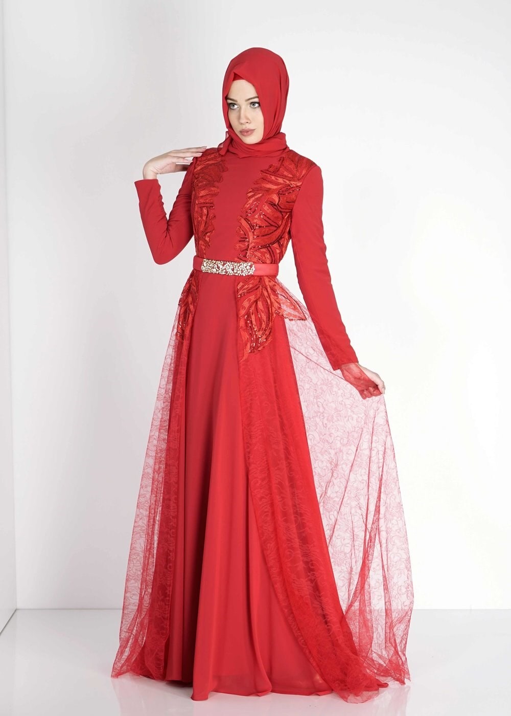 Tesettür giyim BORDO PUL PAYETLİ ŞİFON ABİYE ELBİSE 5099