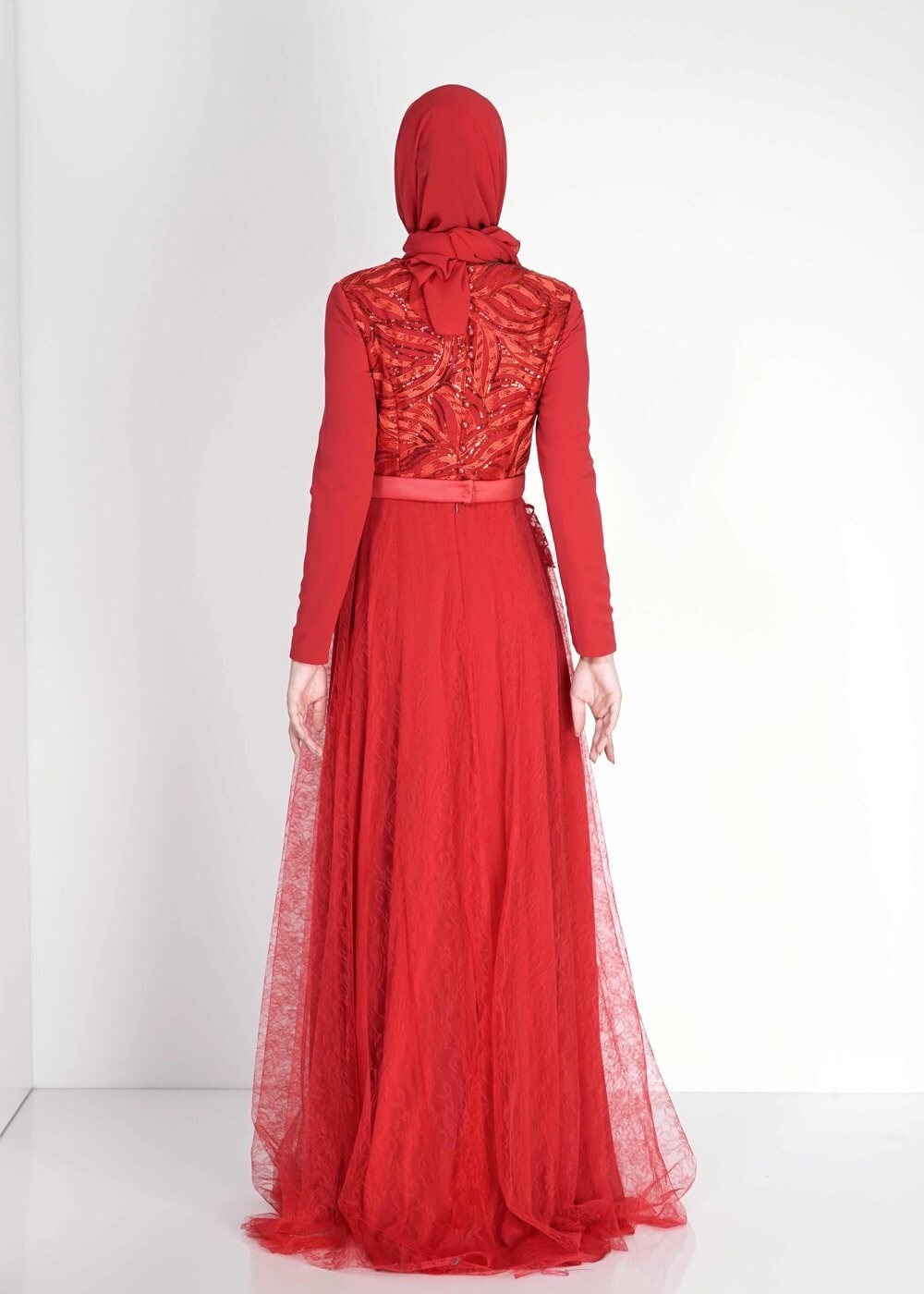 Tesettür giyim BORDO PUL PAYETLİ ŞİFON ABİYE ELBİSE 5099