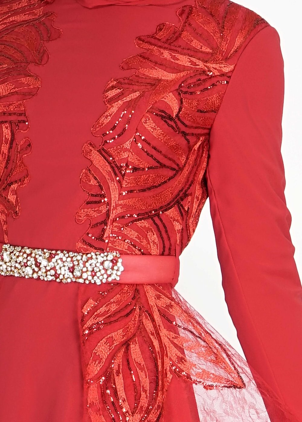 Tesettür giyim BORDO PUL PAYETLİ ŞİFON ABİYE ELBİSE 5099