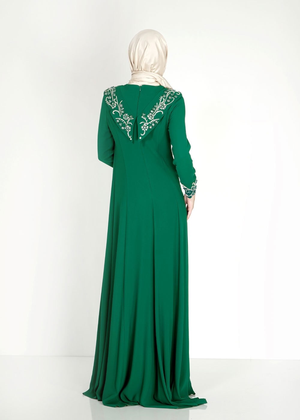 Tesettür giyim YEŞİL BONCUK İŞLEMELİ ABİYE ELBİSE 5102
