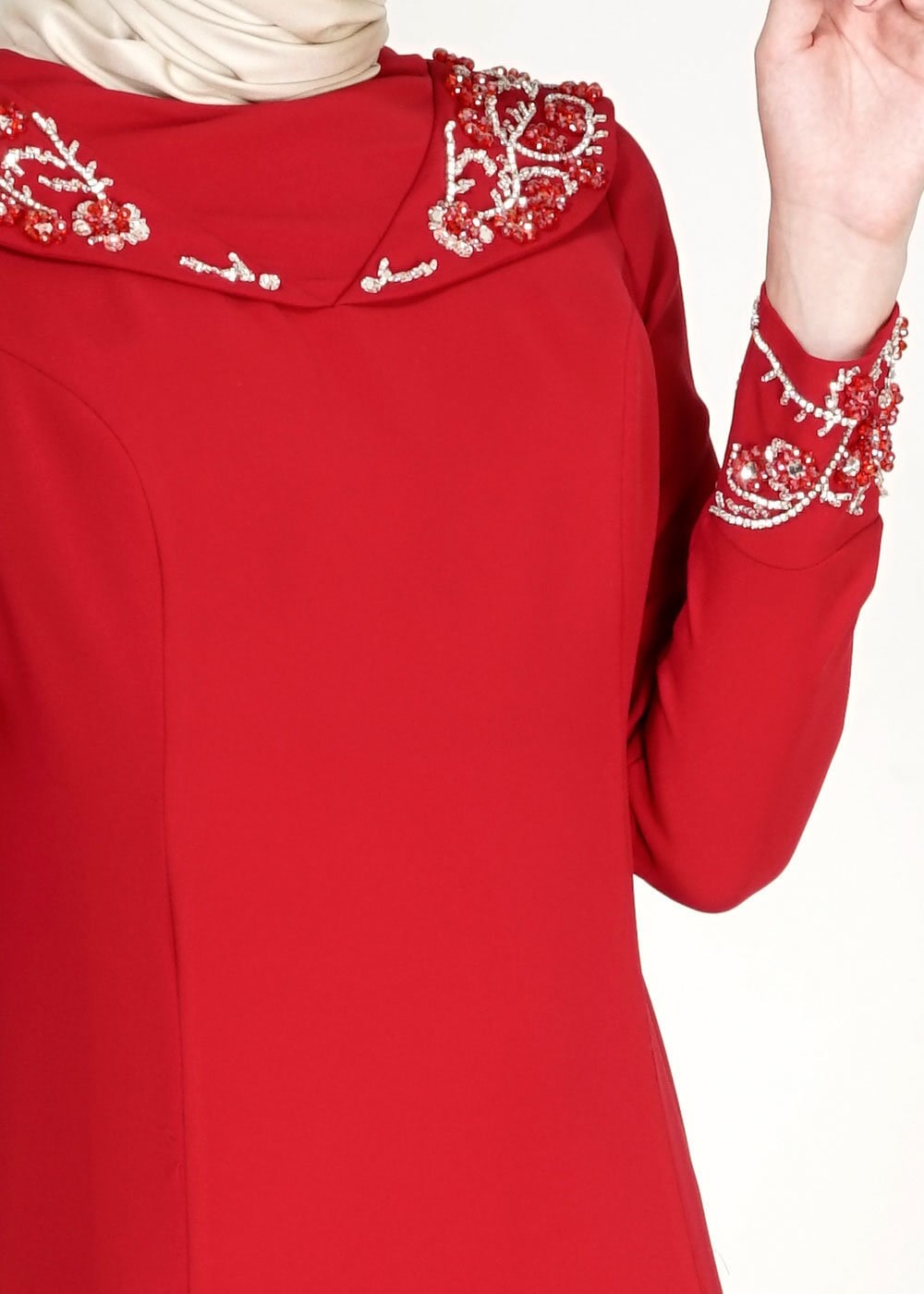 Tesettür giyim KIRMIZI BONCUK İŞLEMELİ ABİYE ELBİSE 5102