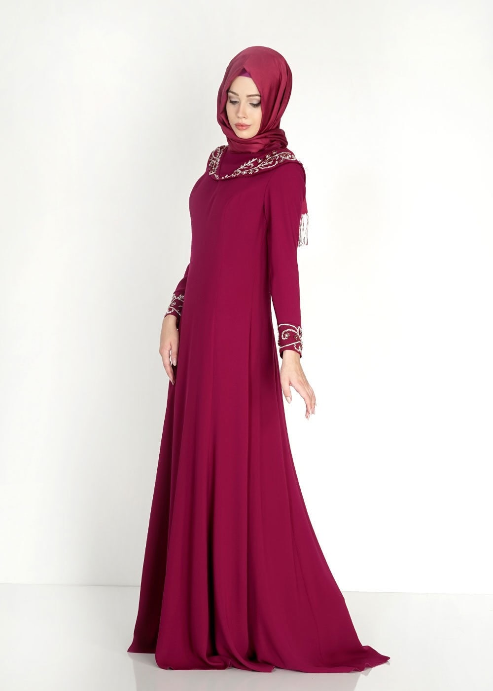 Tesettür giyim MOR BONCUK İŞLEMELİ ABİYE ELBİSE 5102