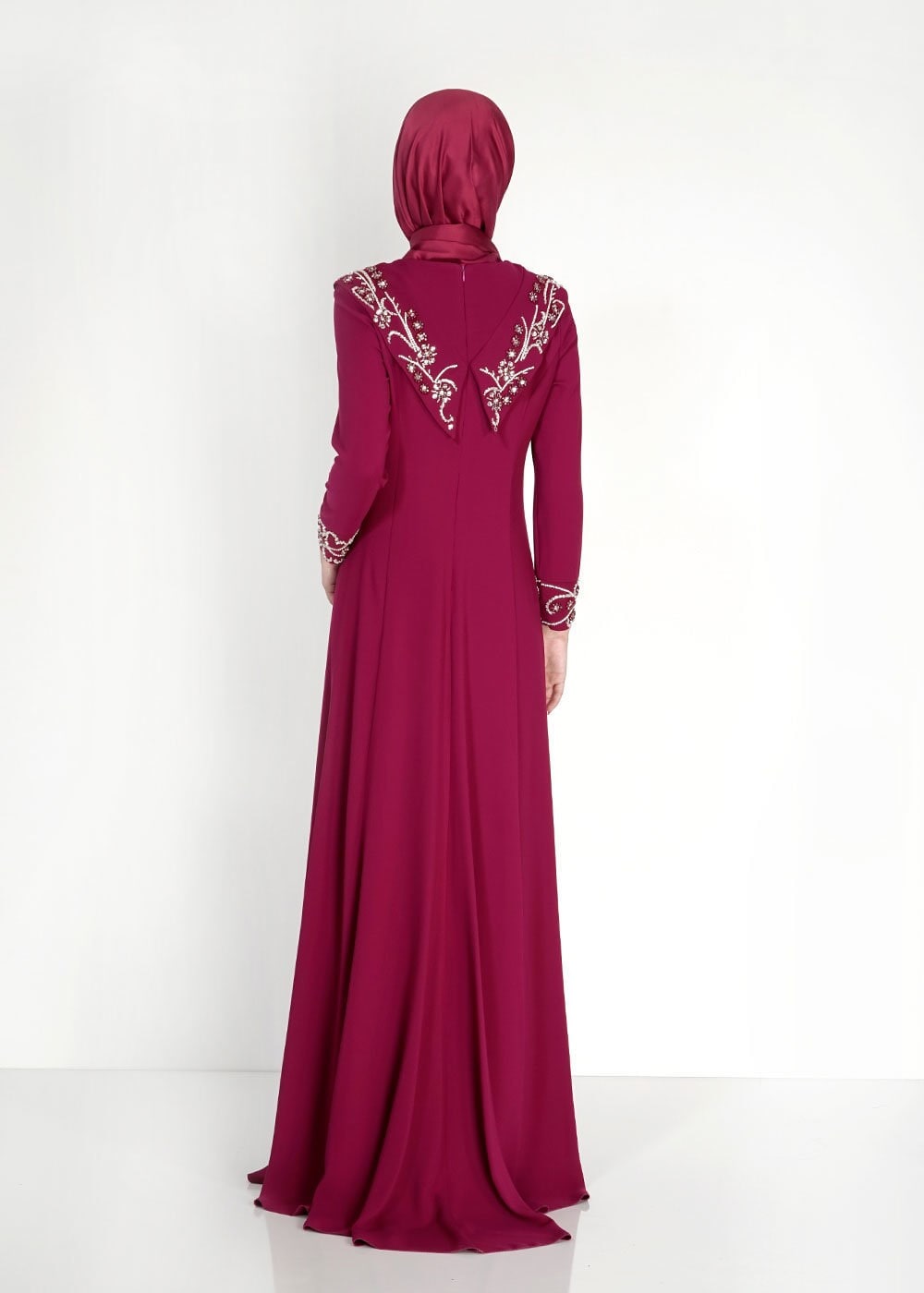 Tesettür giyim MOR BONCUK İŞLEMELİ ABİYE ELBİSE 5102