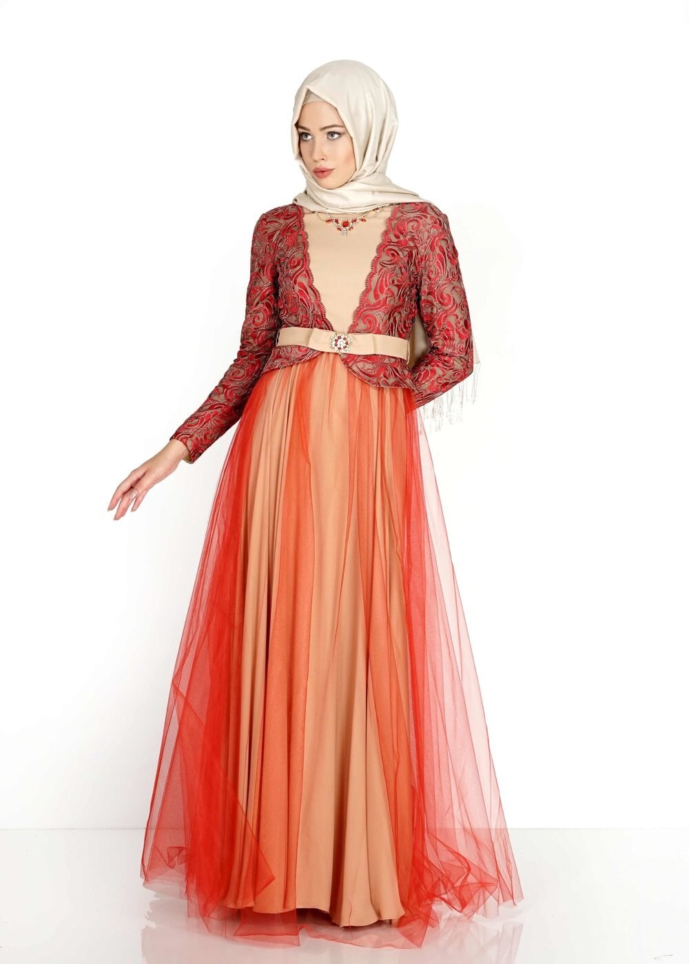 Tesettür giyim KIRMIZI ETNİK DESENLİ TÜLLÜ ABİYE ELBİSE 5112