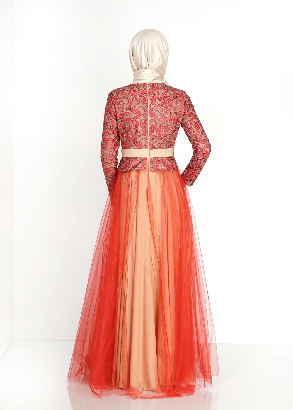 Tesettür giyim KIRMIZI ETNİK DESENLİ TÜLLÜ ABİYE ELBİSE 5112