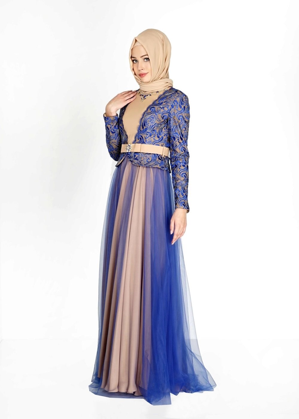 Tesettür giyim LACİVERT ETNİK DESENLİ TÜLLÜ ABİYE ELBİSE 5112