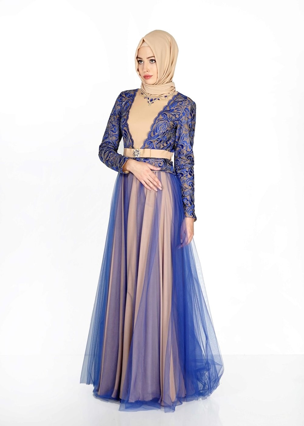 Tesettür giyim LACİVERT ETNİK DESENLİ TÜLLÜ ABİYE ELBİSE 5112