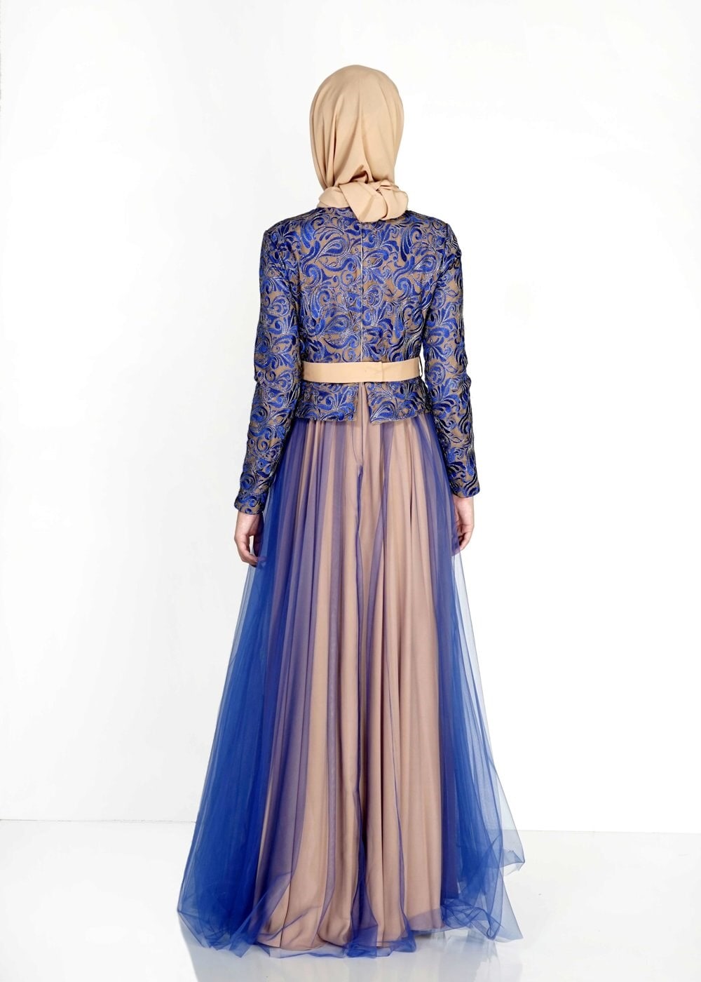 Tesettür giyim LACİVERT ETNİK DESENLİ TÜLLÜ ABİYE ELBİSE 5112