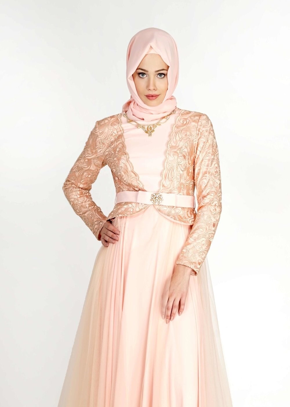 Tesettür giyim PUDRA ETNİK DESENLİ TÜLLÜ ABİYE ELBİSE 5112