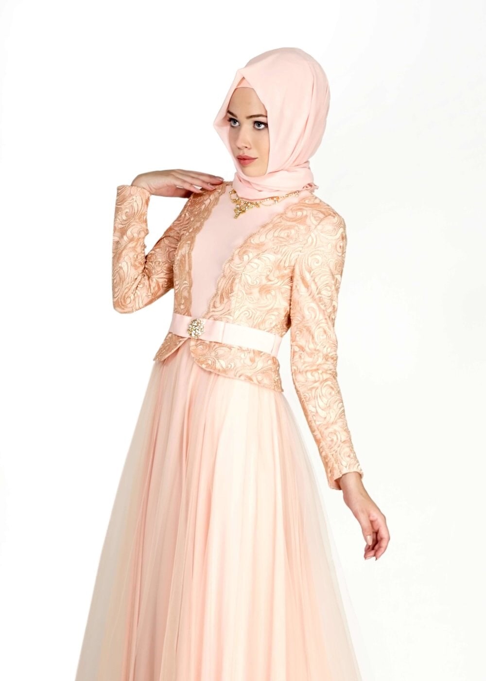 Tesettür giyim PUDRA ETNİK DESENLİ TÜLLÜ ABİYE ELBİSE 5112