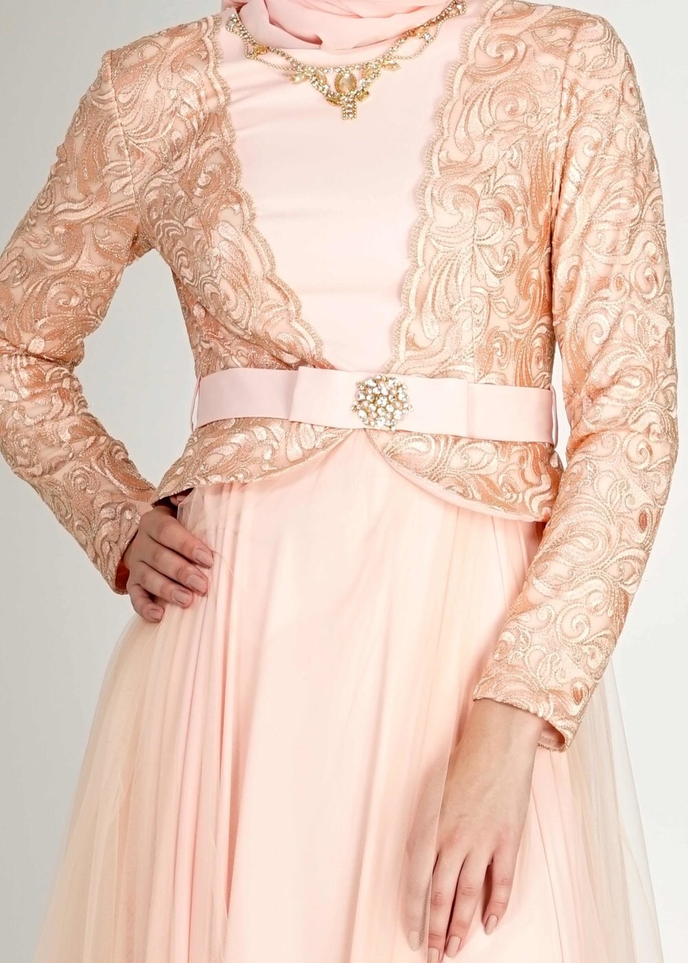 Tesettür giyim PUDRA ETNİK DESENLİ TÜLLÜ ABİYE ELBİSE 5112