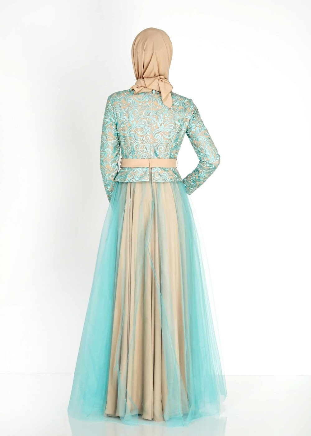 Tesettür giyim YEŞİL ETNİK DESENLİ TÜLLÜ ABİYE ELBİSE 5112