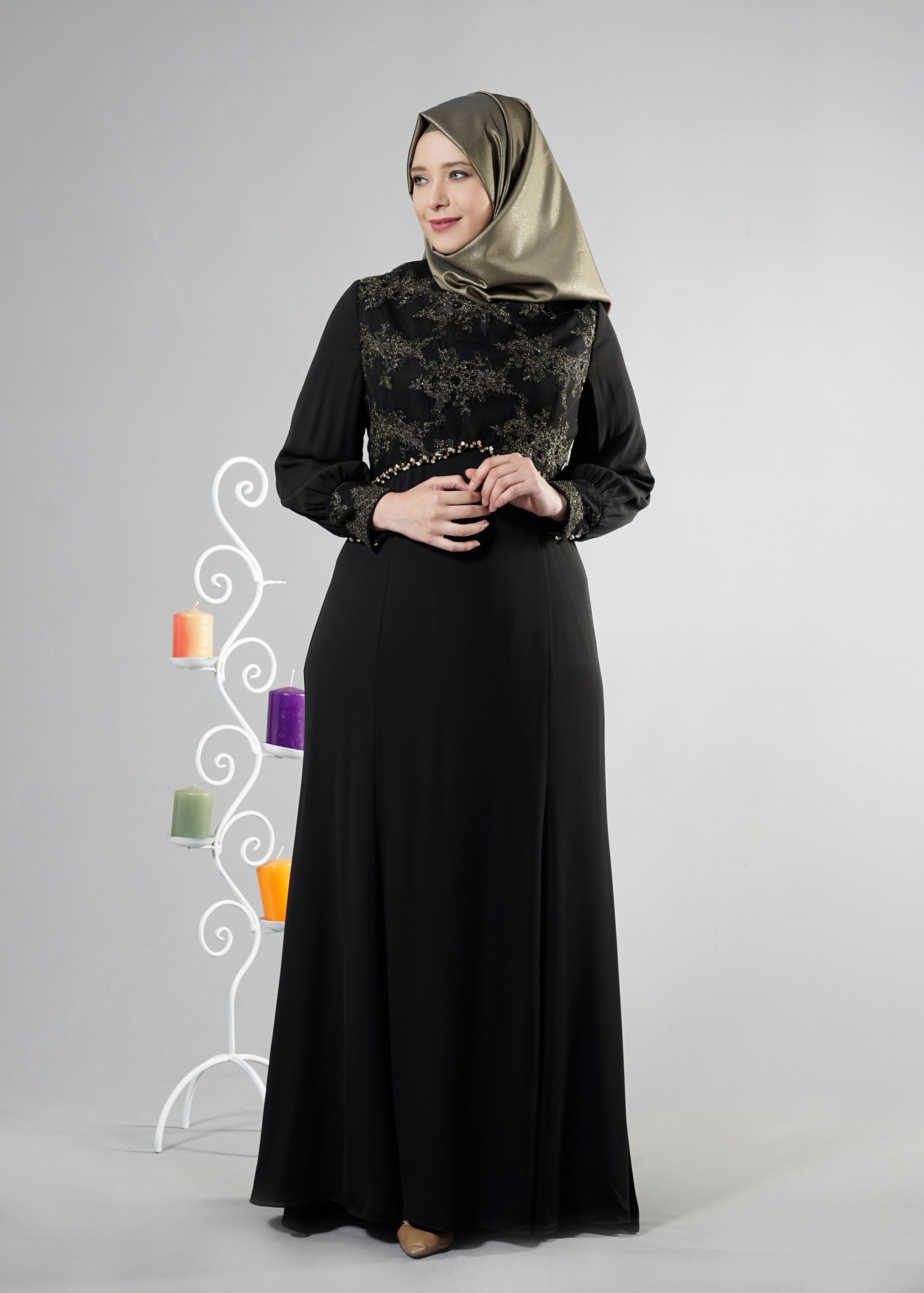 Tesettür giyim SİYAH 5123 Mango Crep Tesettür Abiye