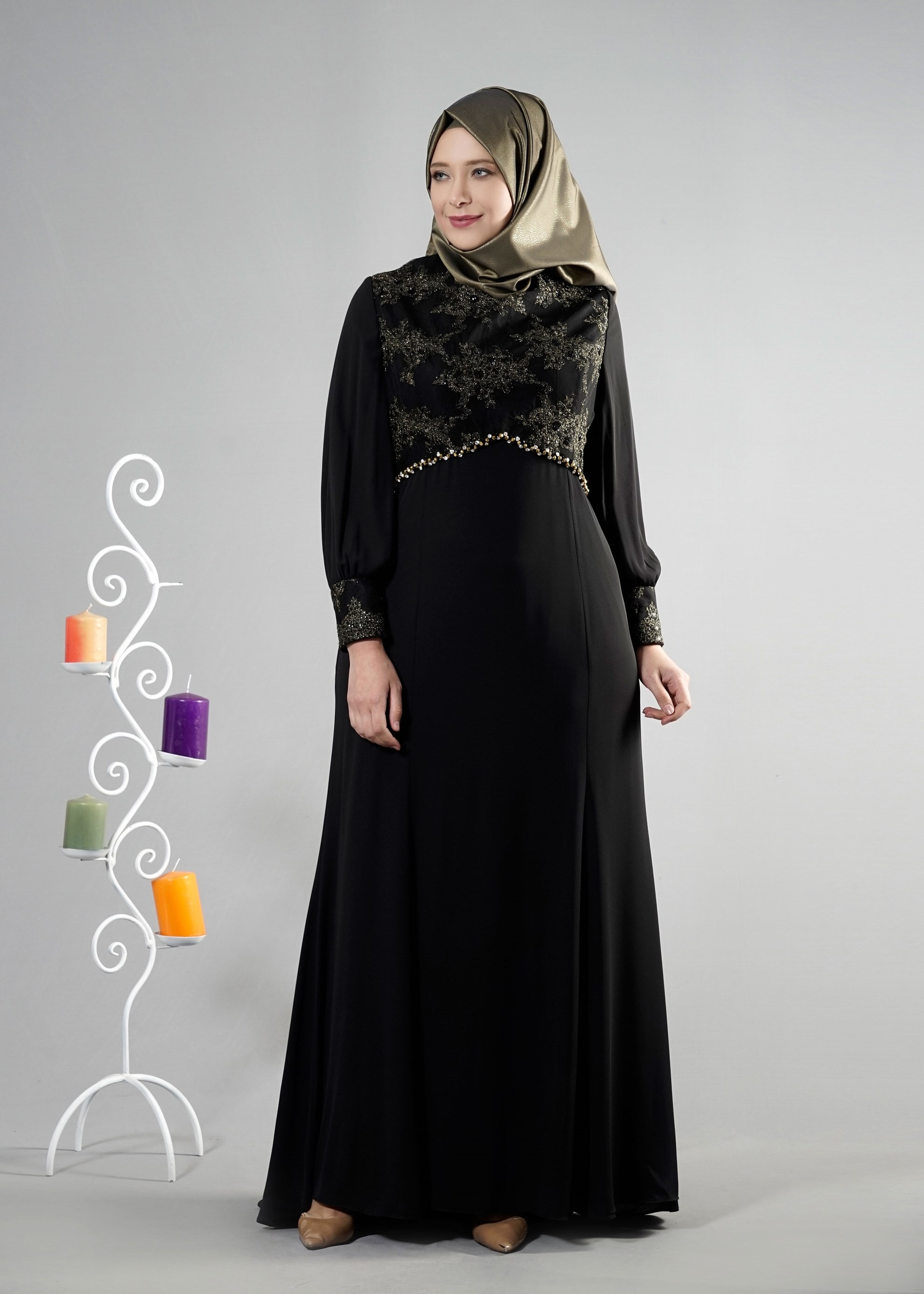 Tesettür giyim SİYAH 5123 Mango Crep Tesettür Abiye