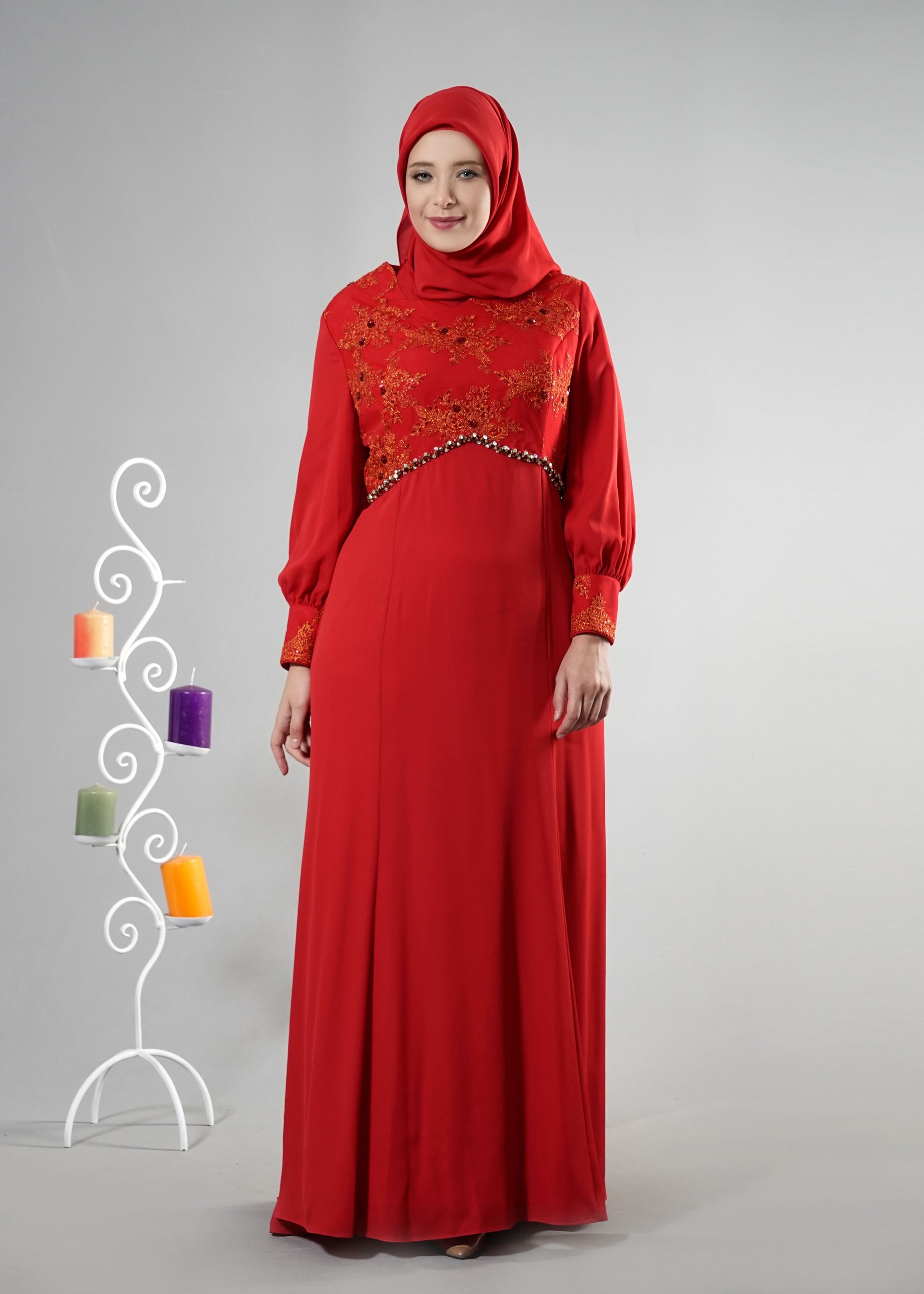 Tesettür giyim KIRMIZI 5123 Mango Crep Tesettür Abiye