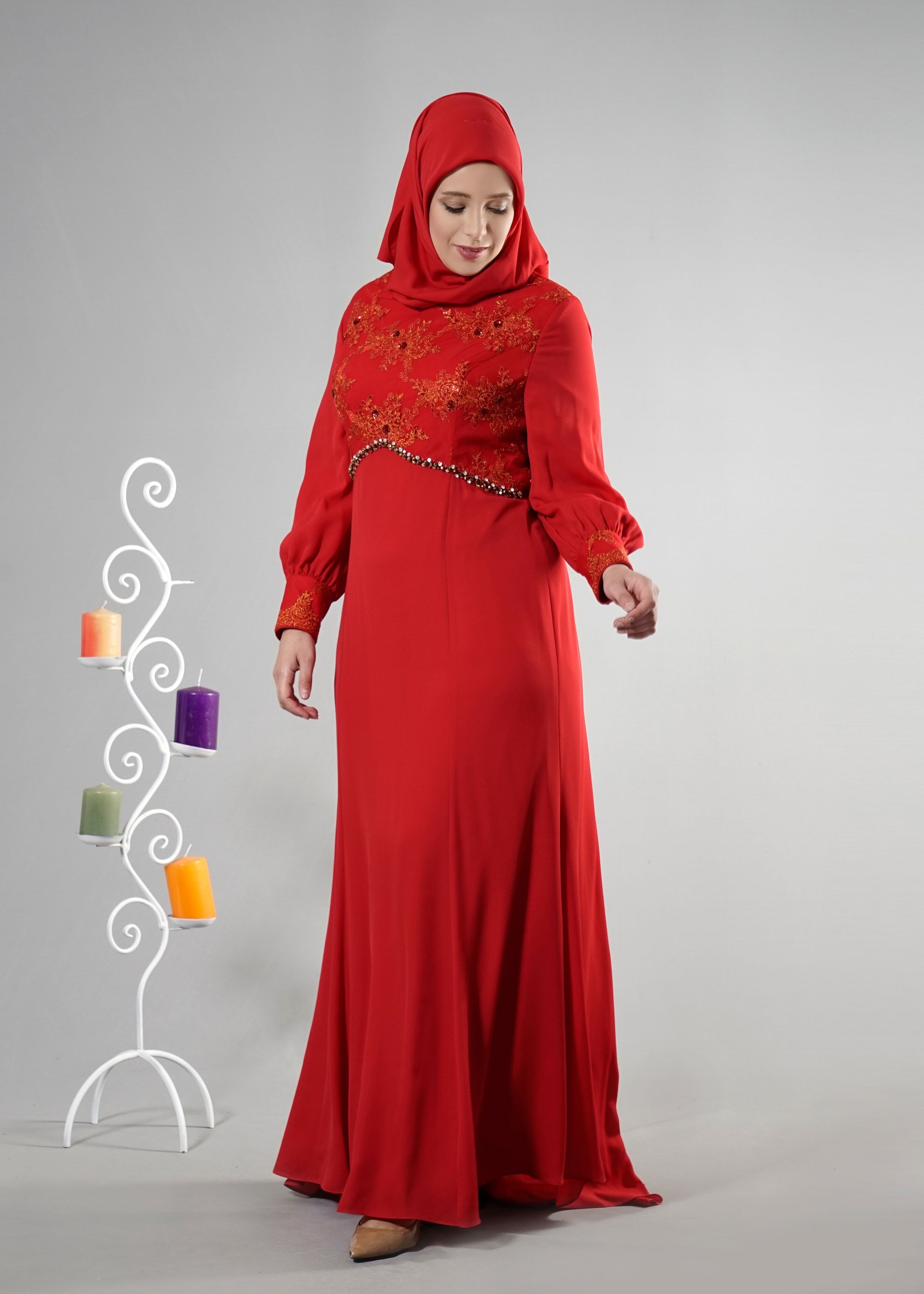 Tesettür giyim KIRMIZI 5123 Mango Crep Tesettür Abiye