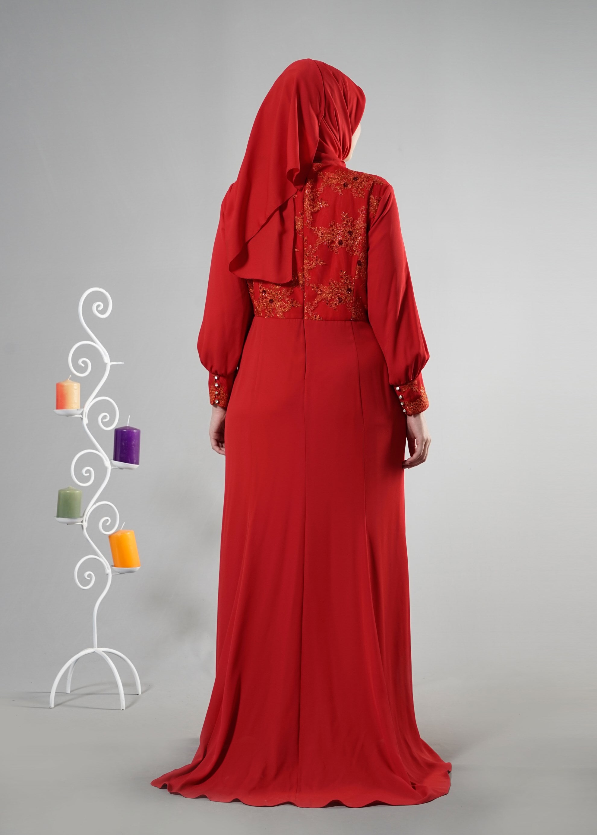 Tesettür giyim KIRMIZI 5123 Mango Crep Tesettür Abiye