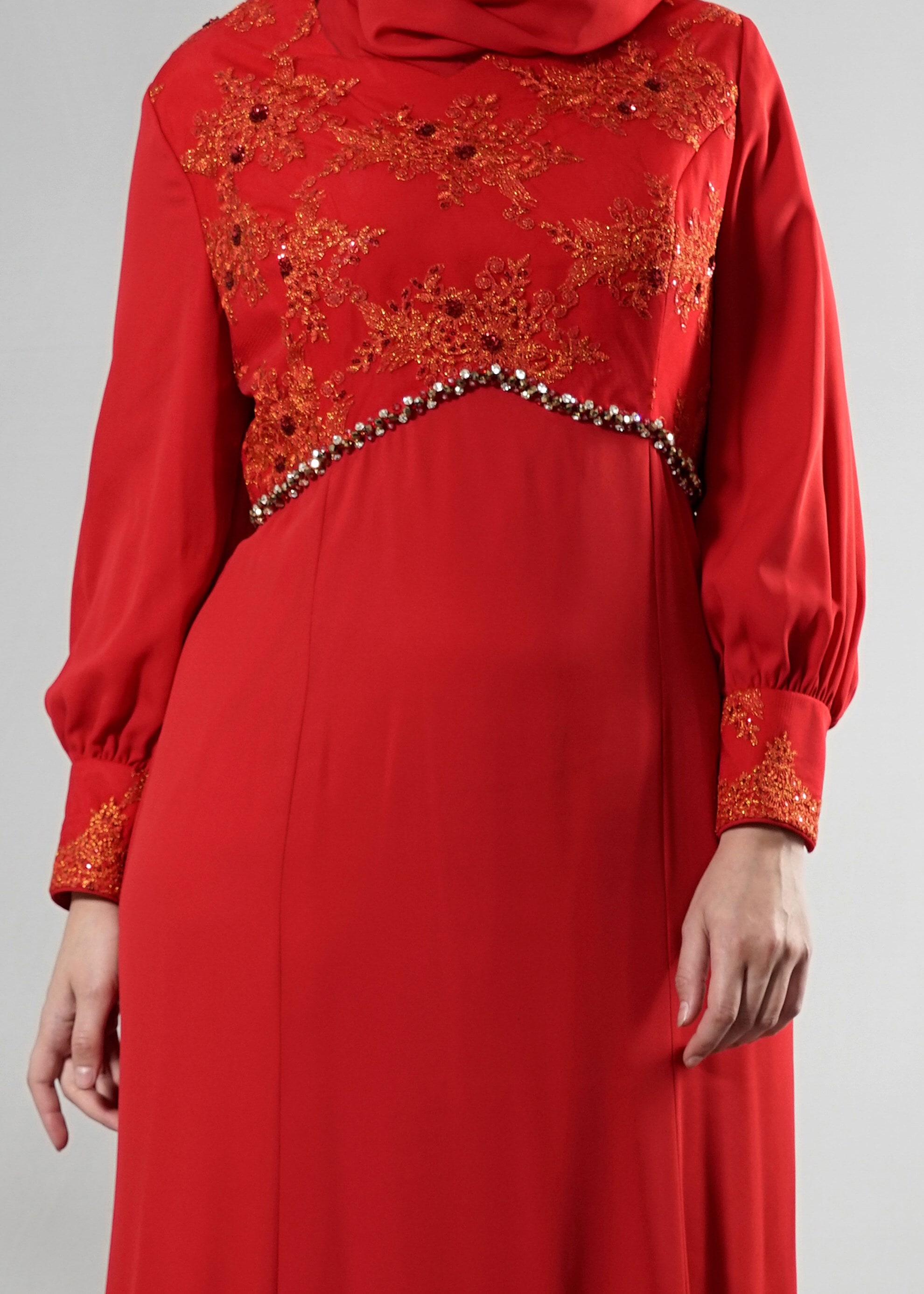 Tesettür giyim KIRMIZI 5123 Mango Crep Tesettür Abiye