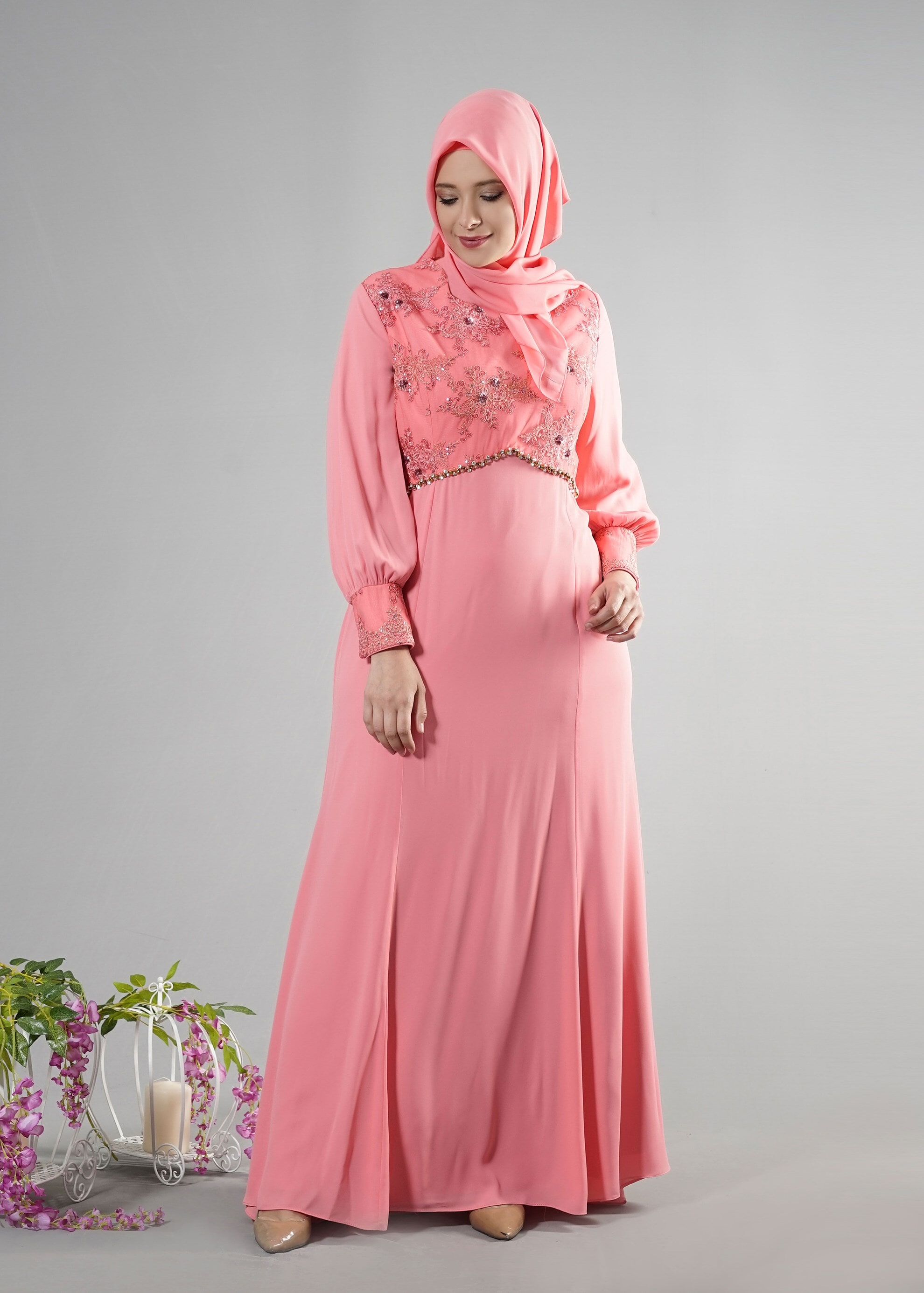 Tesettür giyim PUDRA 5123 Mango Crep Tesettür Abiye