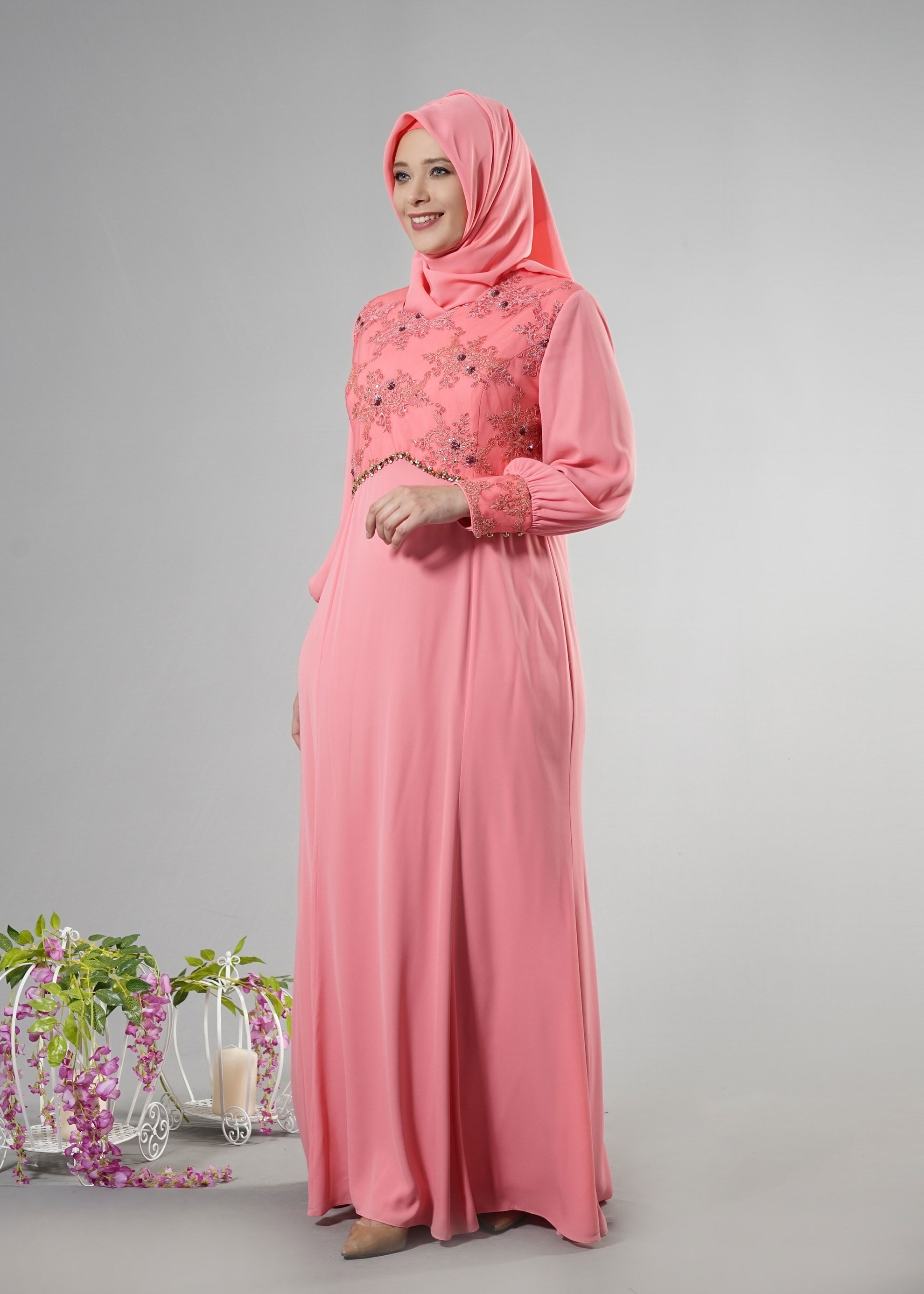 Tesettür giyim PUDRA 5123 Mango Crep Tesettür Abiye