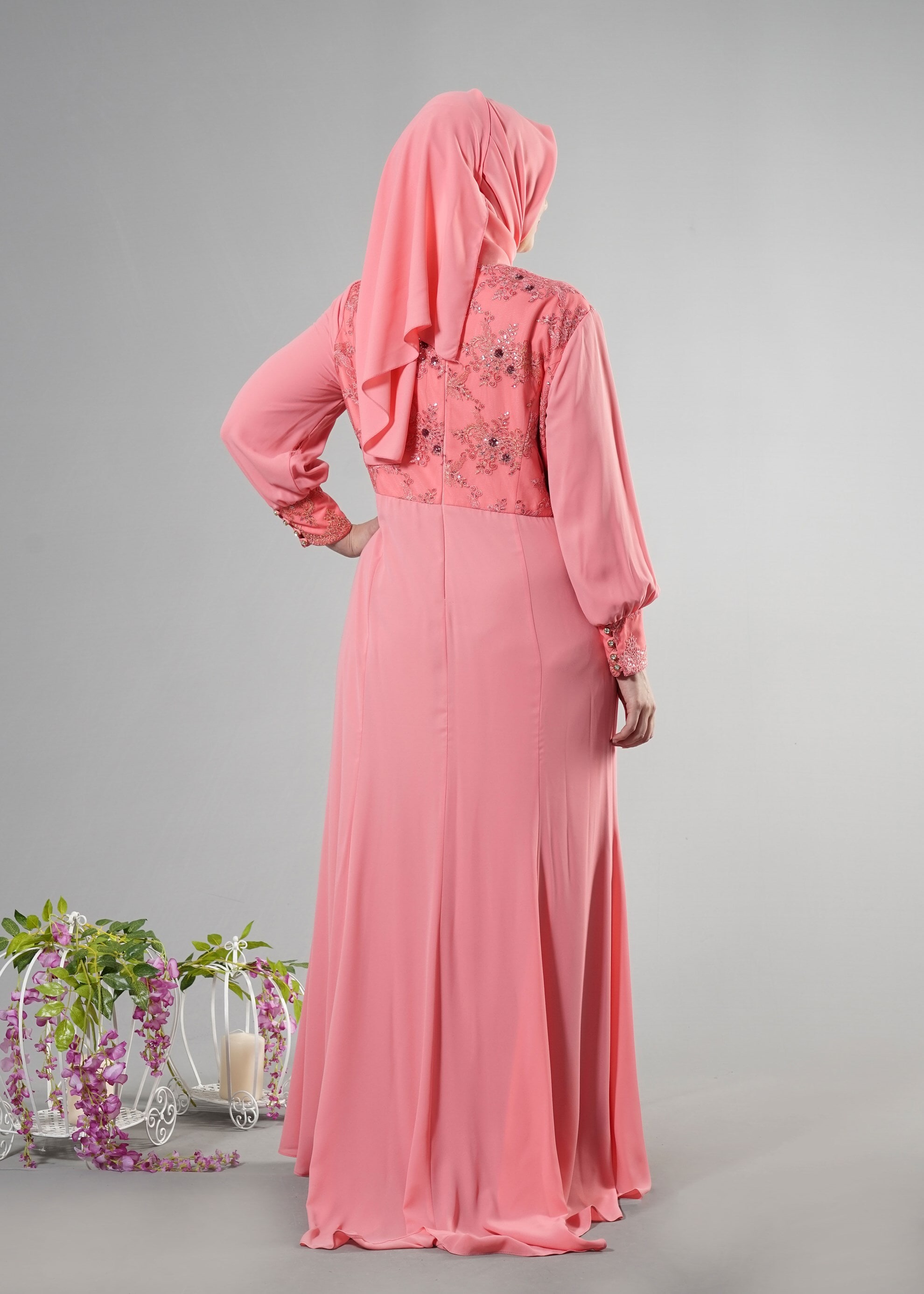 Tesettür giyim PUDRA 5123 Mango Crep Tesettür Abiye