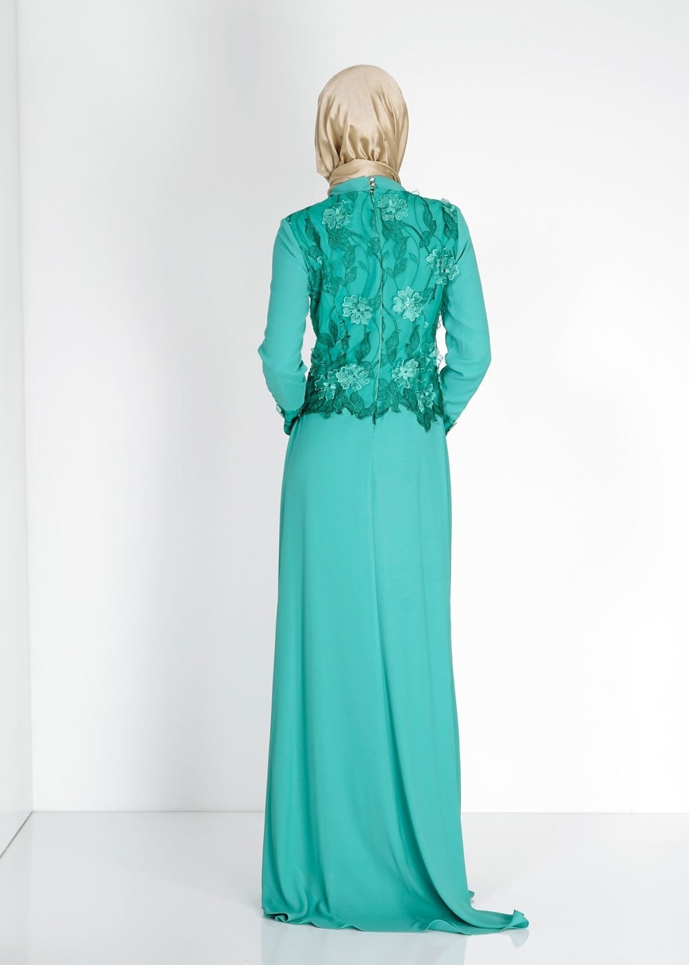 Tesettür giyim MAVİ ÜÇ BOYUTLU ÇİÇEK DETAYLI TAŞLI ABİYE ELBİSE 5127