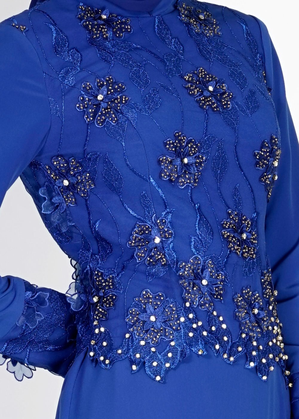 Tesettür giyim LACİVERT ÜÇ BOYUTLU ÇİÇEK DETAYLI TAŞLI ABİYE ELBİSE 5127