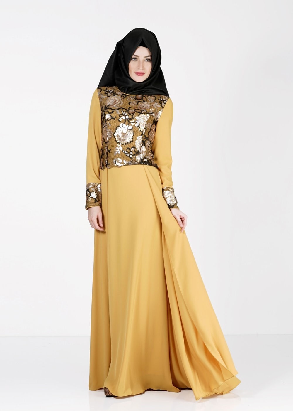 Tesettür giyim SARI DESENLİ KREP ABİYE ELBİSE 5129