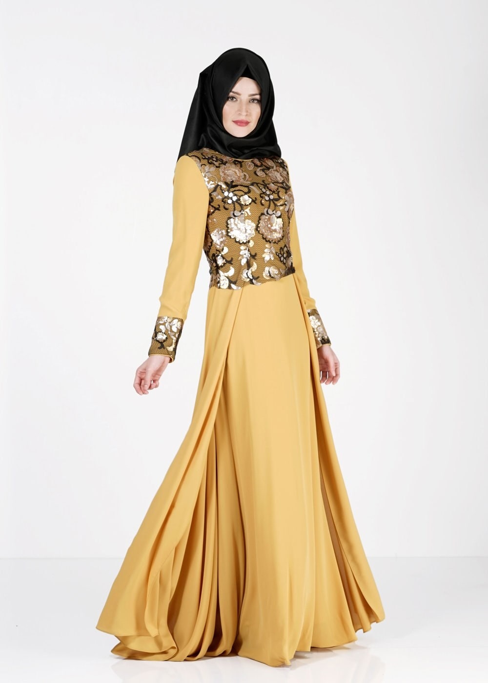 Tesettür giyim SARI DESENLİ KREP ABİYE ELBİSE 5129