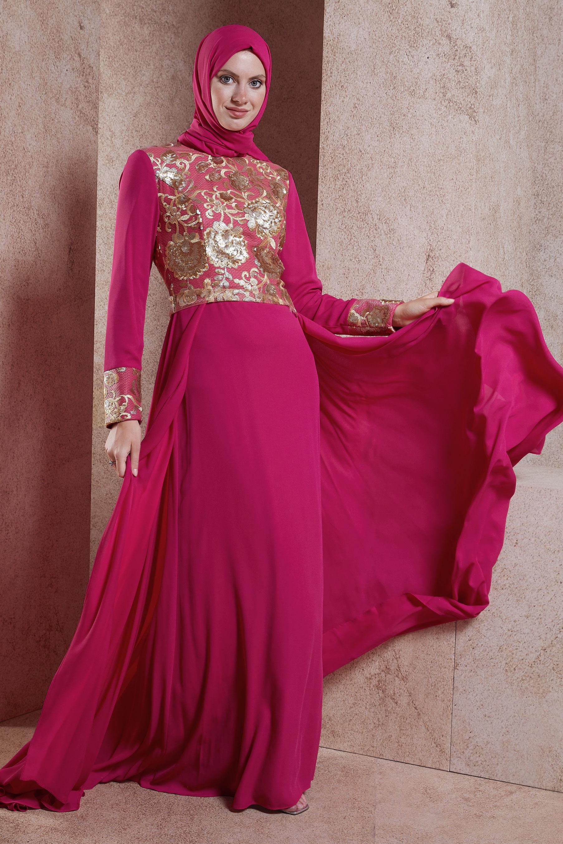 Tesettür giyim FUŞYA DESENLİ KREP ABİYE ELBİSE 5129