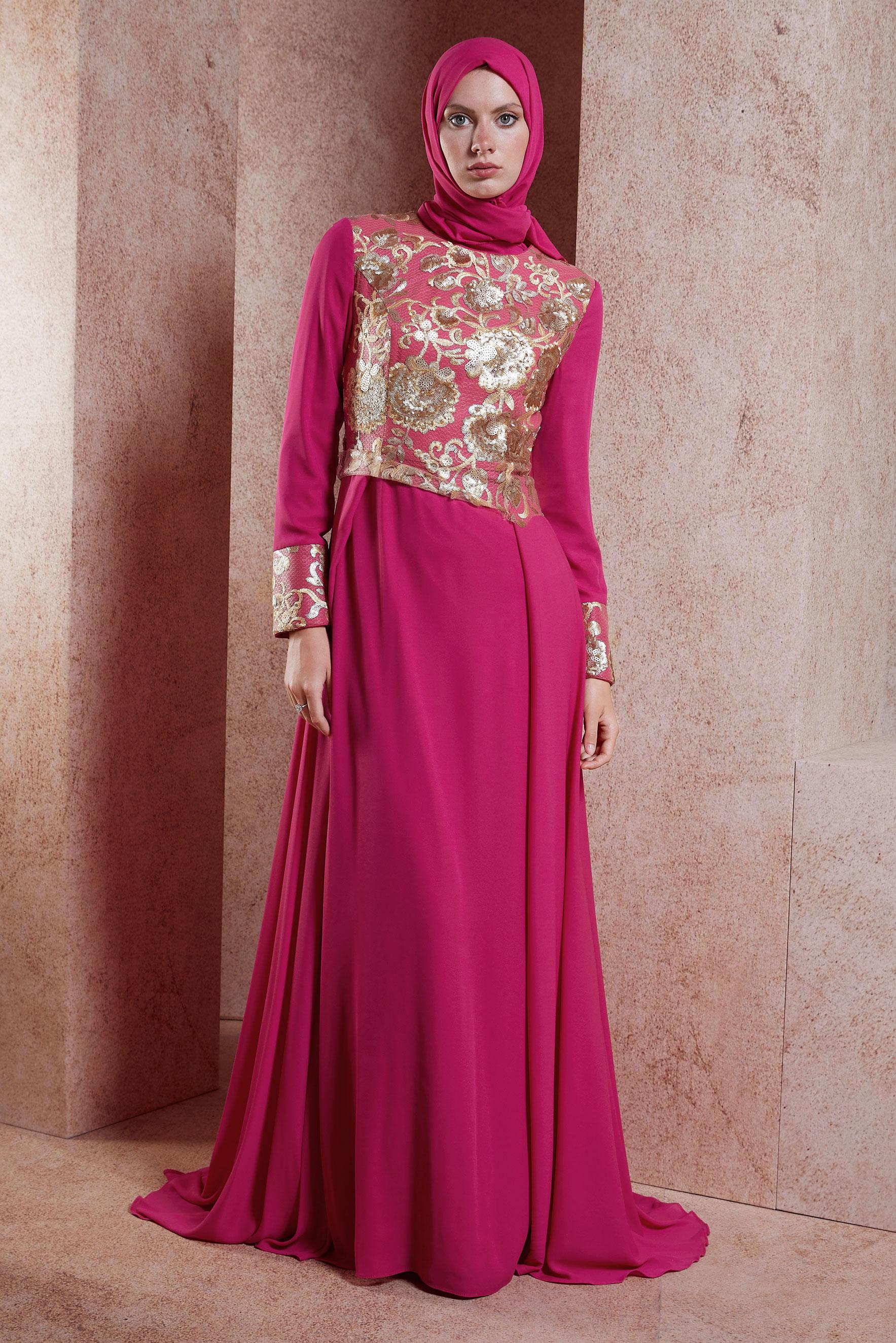 Tesettür giyim FUŞYA DESENLİ KREP ABİYE ELBİSE 5129