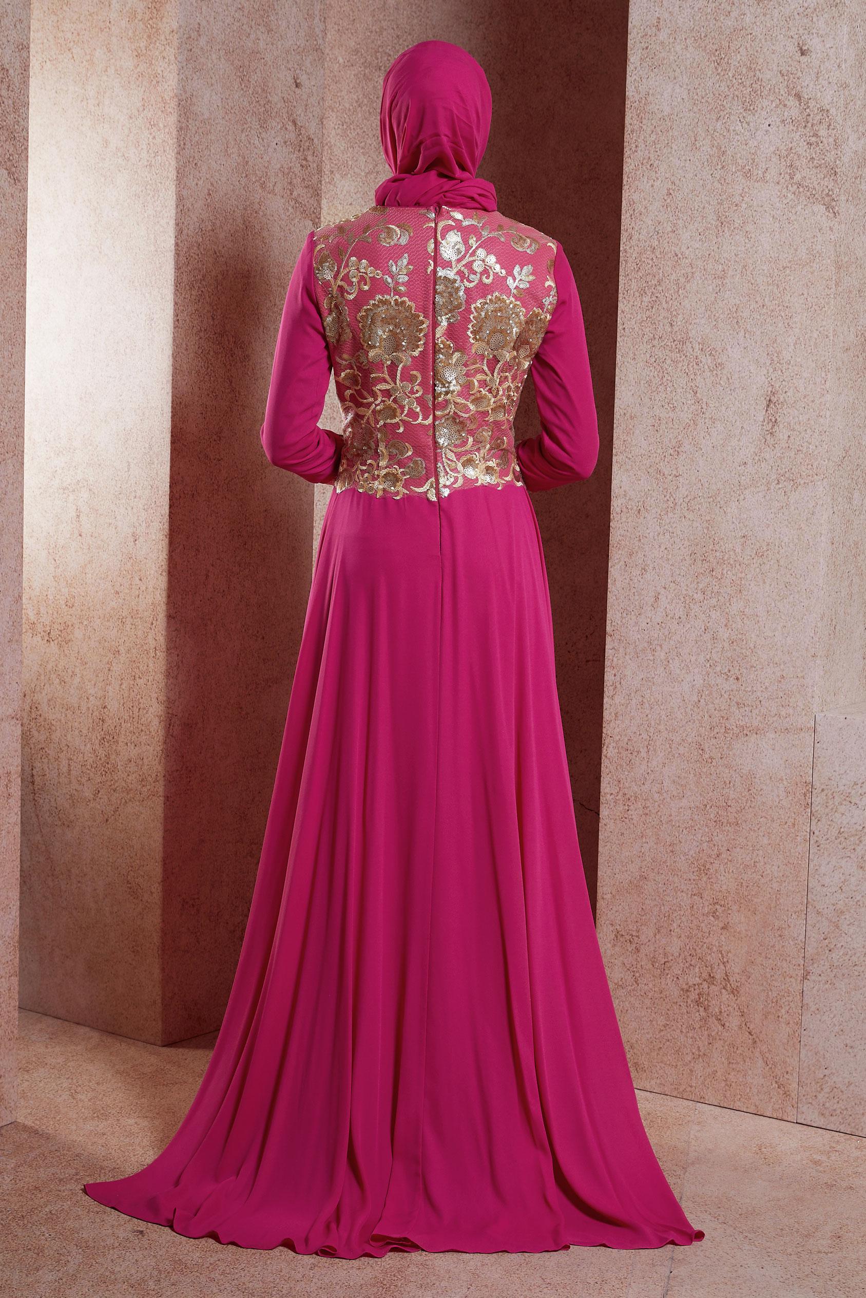 Tesettür giyim FUŞYA DESENLİ KREP ABİYE ELBİSE 5129