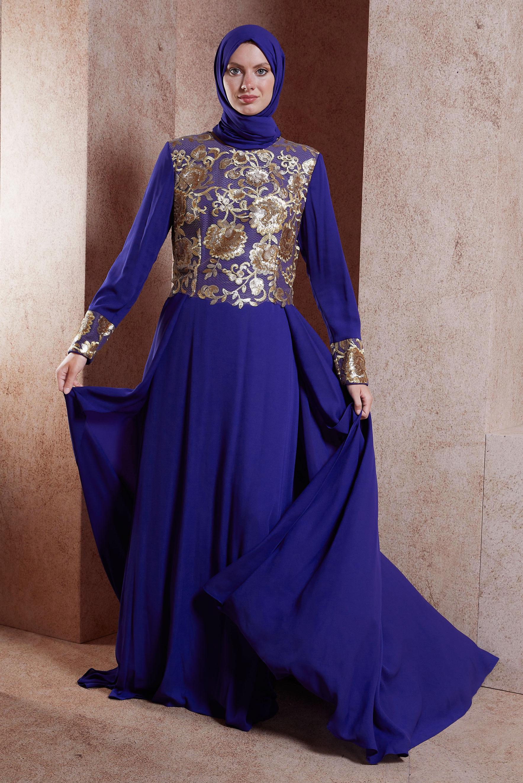 Tesettür giyim LACİVERT DESENLİ KREP ABİYE ELBİSE 5129