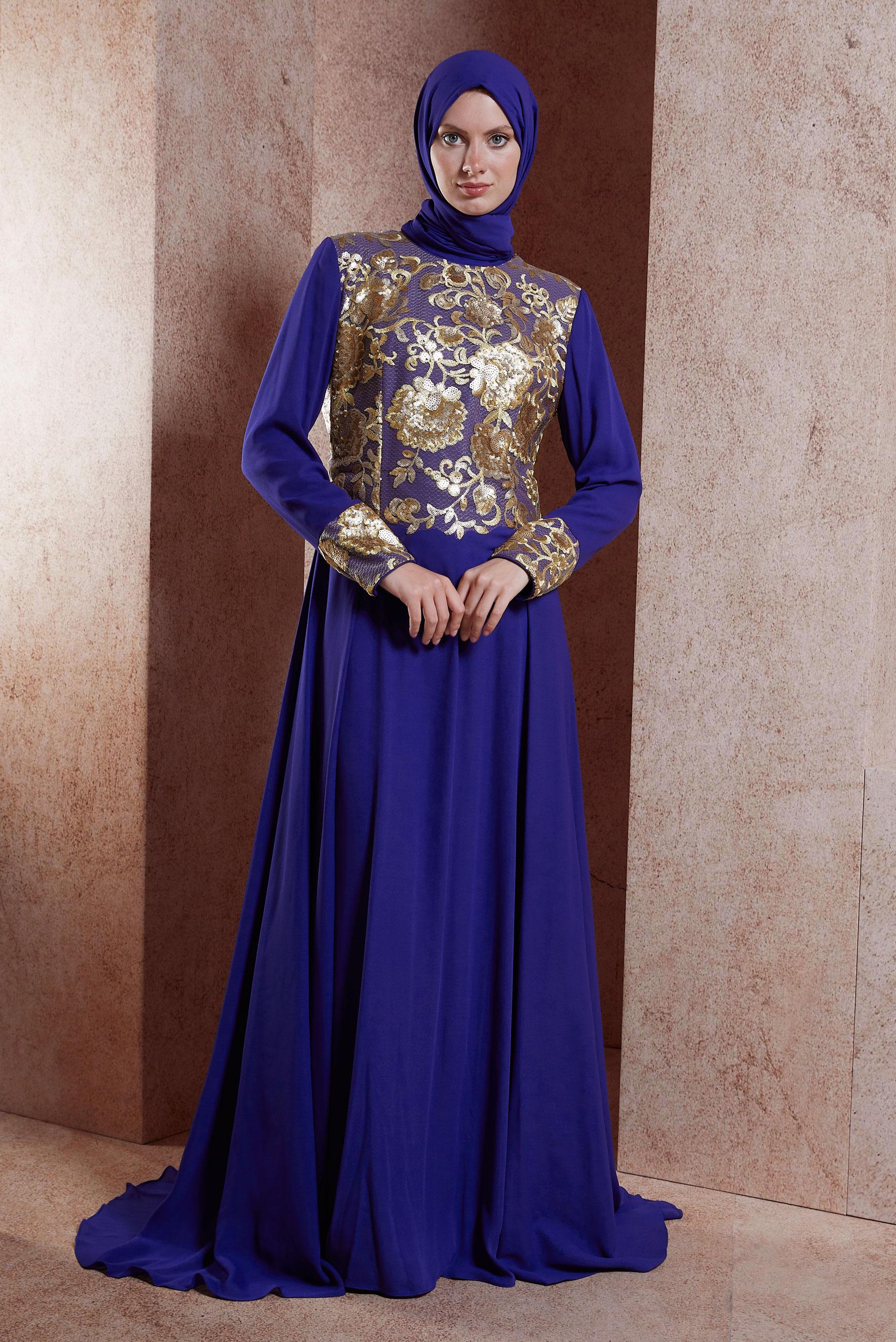 Tesettür giyim LACİVERT DESENLİ KREP ABİYE ELBİSE 5129