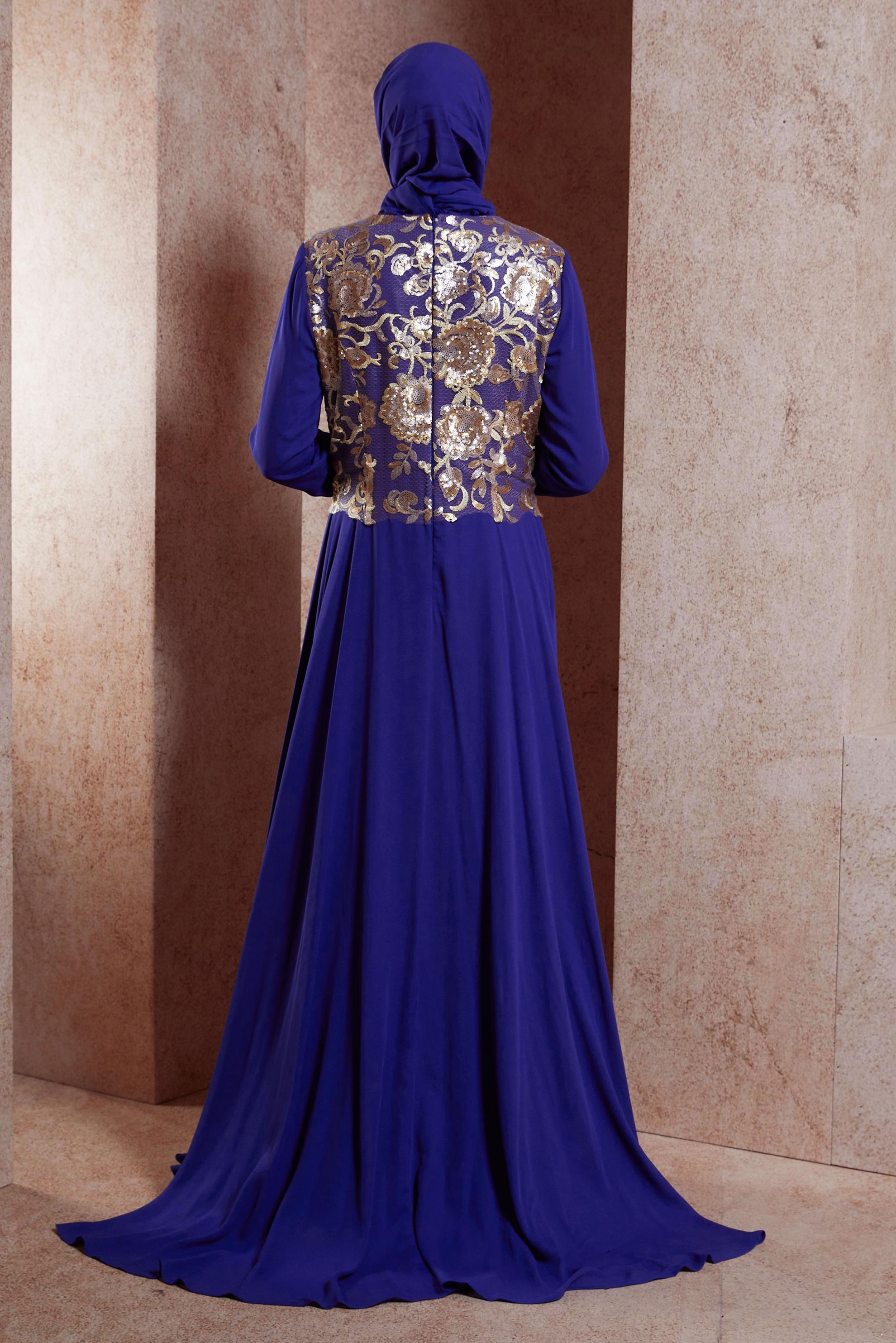 Tesettür giyim LACİVERT DESENLİ KREP ABİYE ELBİSE 5129