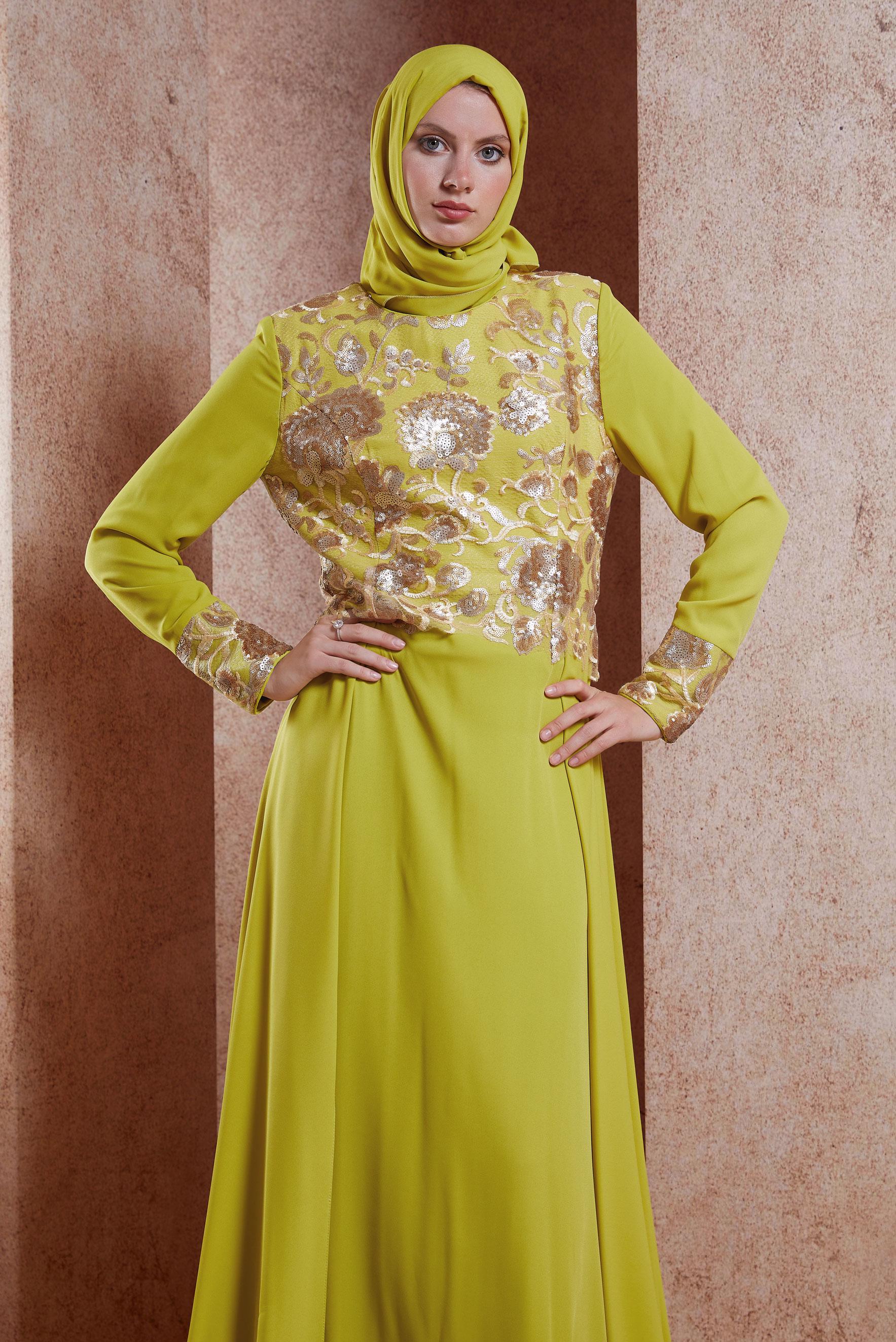 Tesettür giyim YEŞİL DESENLİ KREP ABİYE ELBİSE 5129