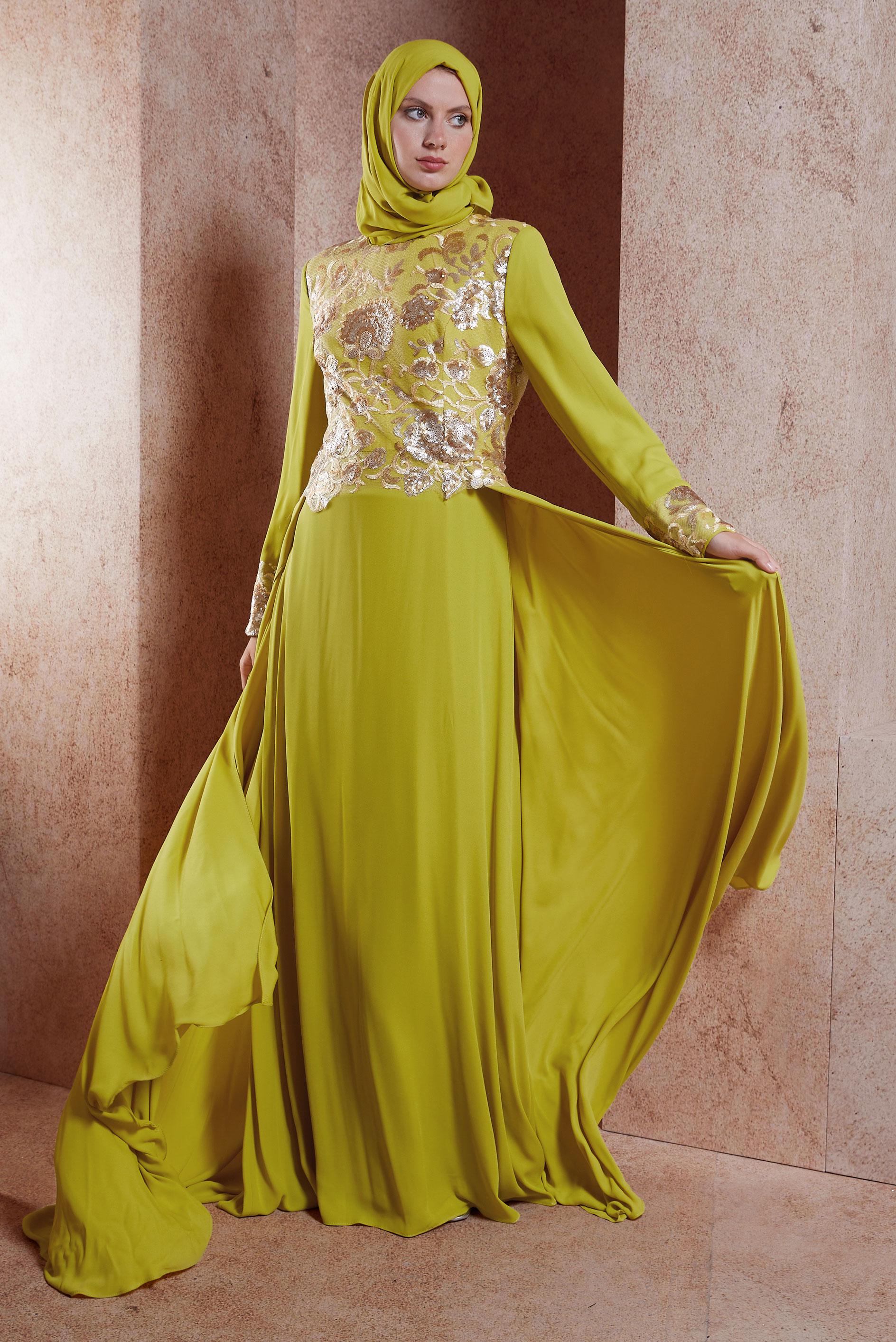 Tesettür giyim YEŞİL DESENLİ KREP ABİYE ELBİSE 5129