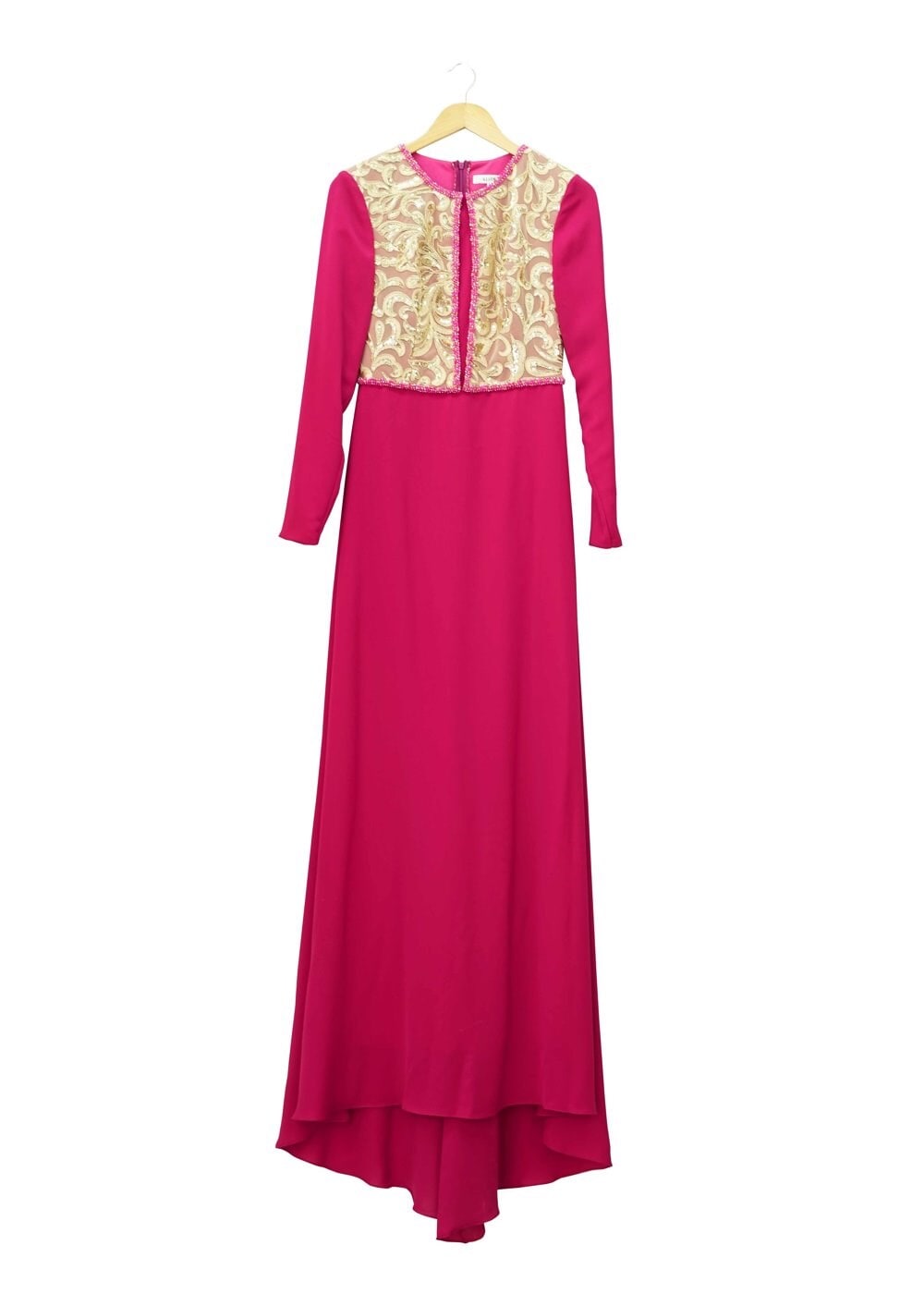 Tesettür giyim FUŞYA İŞLEMELİ ARKASI VOLANLI ABİYE ELBİSE 5131