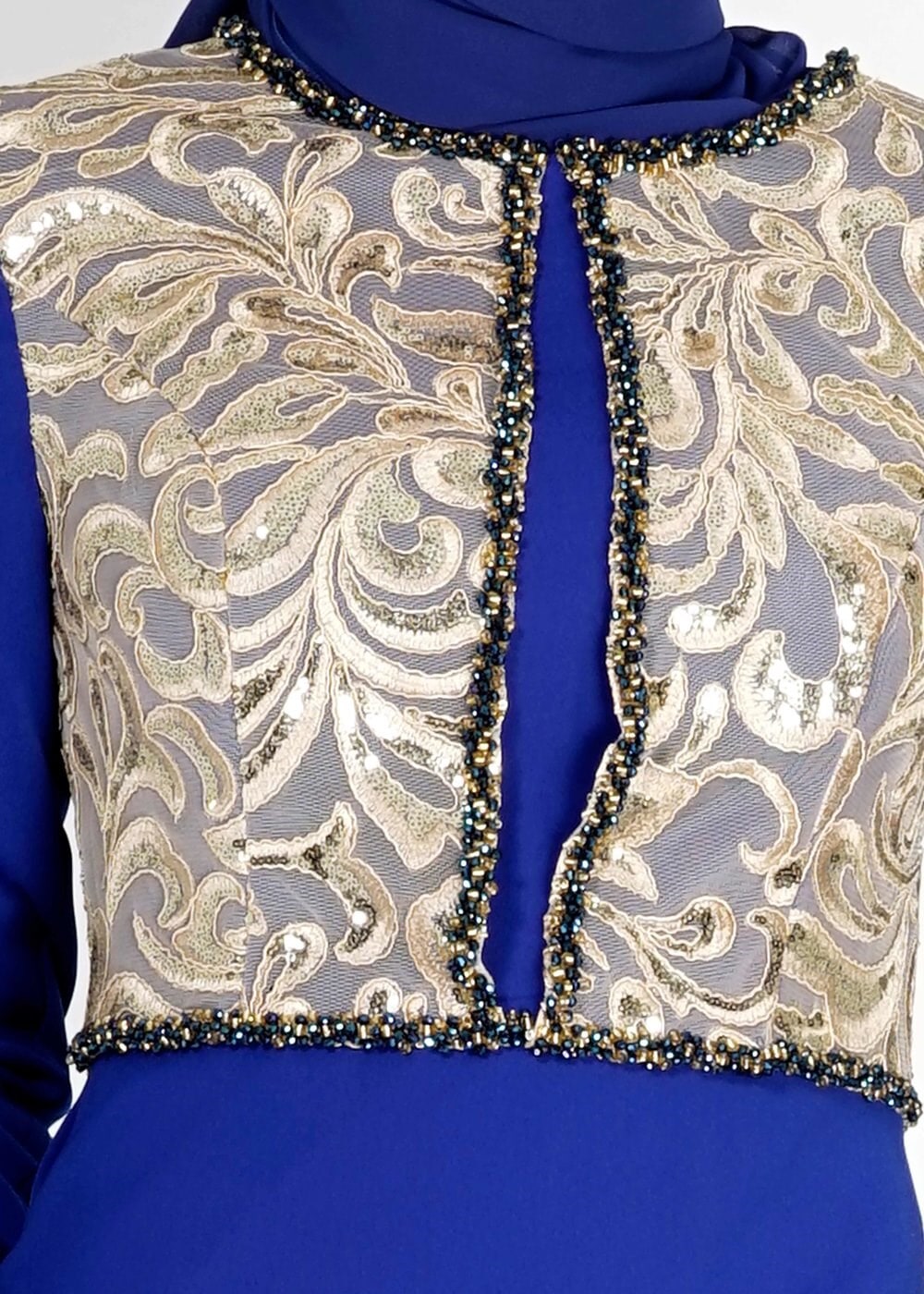 Tesettür giyim LACİVERT İŞLEMELİ ARKASI VOLANLI ABİYE ELBİSE 5131